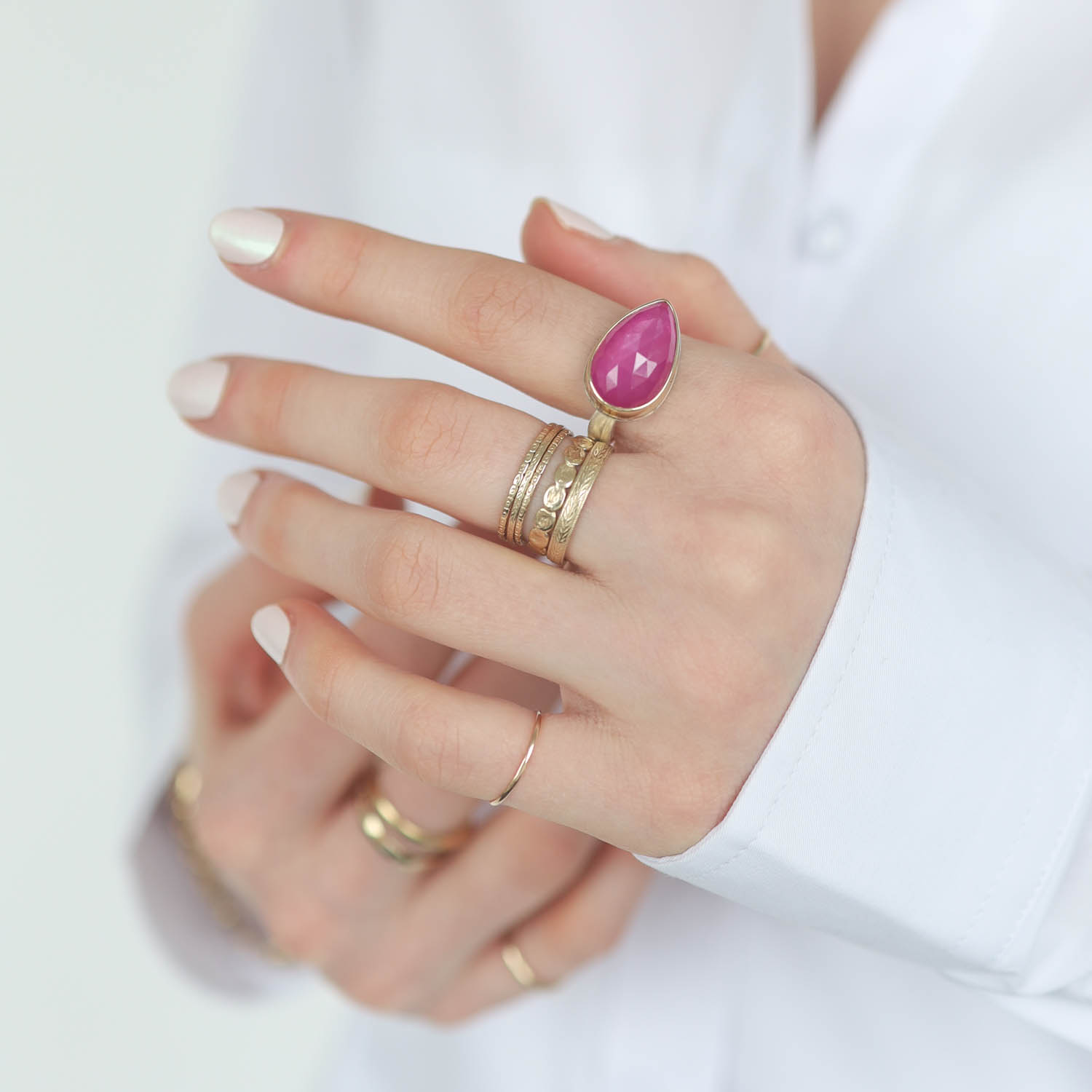 Jamie Joseph: Sterling & 14K Gold Ring w/ Teardrop Rose Cut AFRICAN RUBY on Soft Live Edge Band