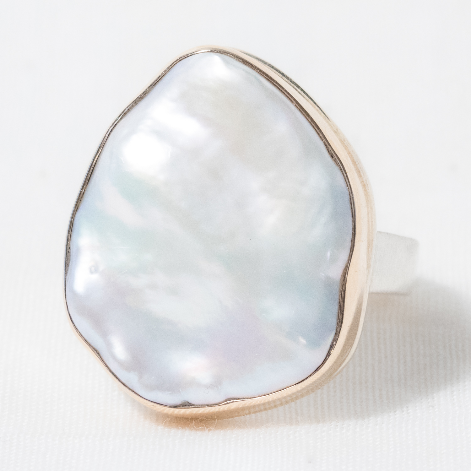 Jamie Joseph: Sterling & 14K Gold Ring w/ Vertical Asymmetrical CULTURED PEARL on Y Band