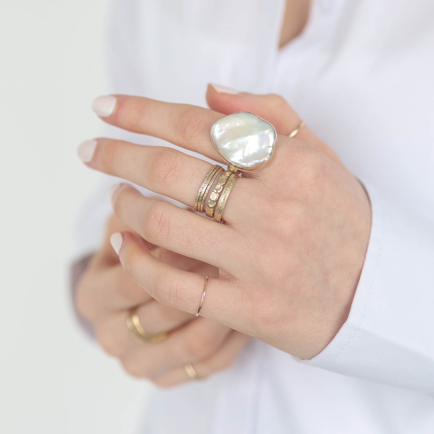 Jamie Joseph: Sterling & 14K Gold Ring w/ Vertical Asymmetrical CULTURED PEARL on Y Band