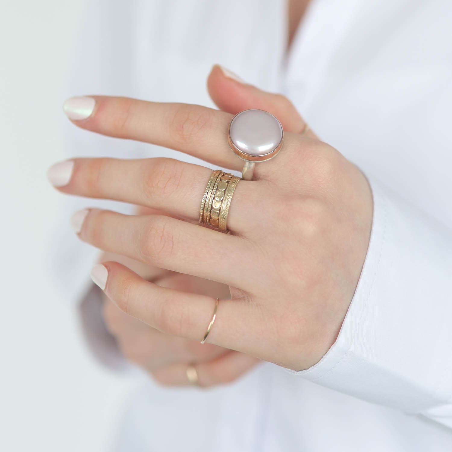 Jamie Joseph: Sterling & 14K Rose Gold Ring w/ Round PINK CULTURED PEARL on Middle Groovy Band