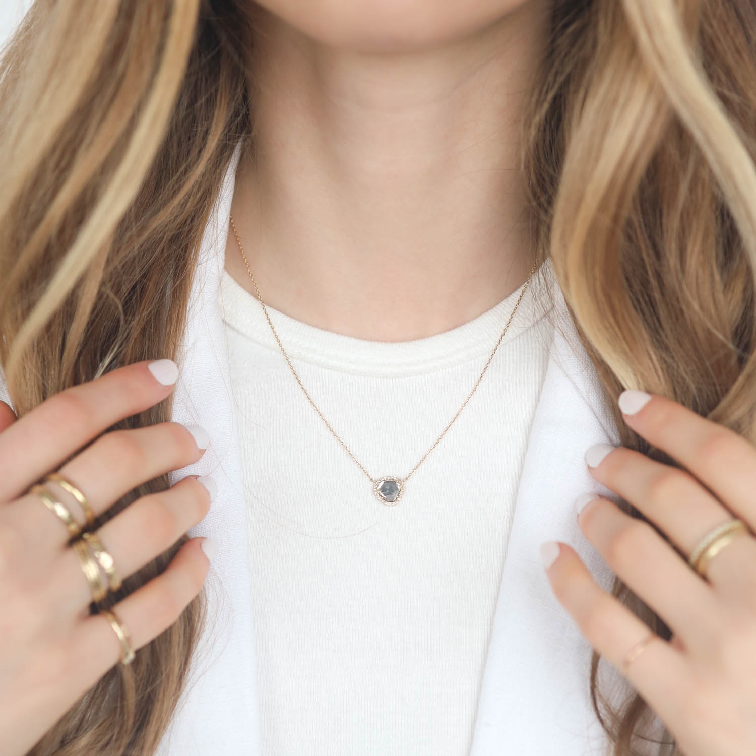 Celine Daoust: Necklace,14k Yellow gold,STELLA,Rose cut grey diamond slice,brilliant white diamonds,one of a kind