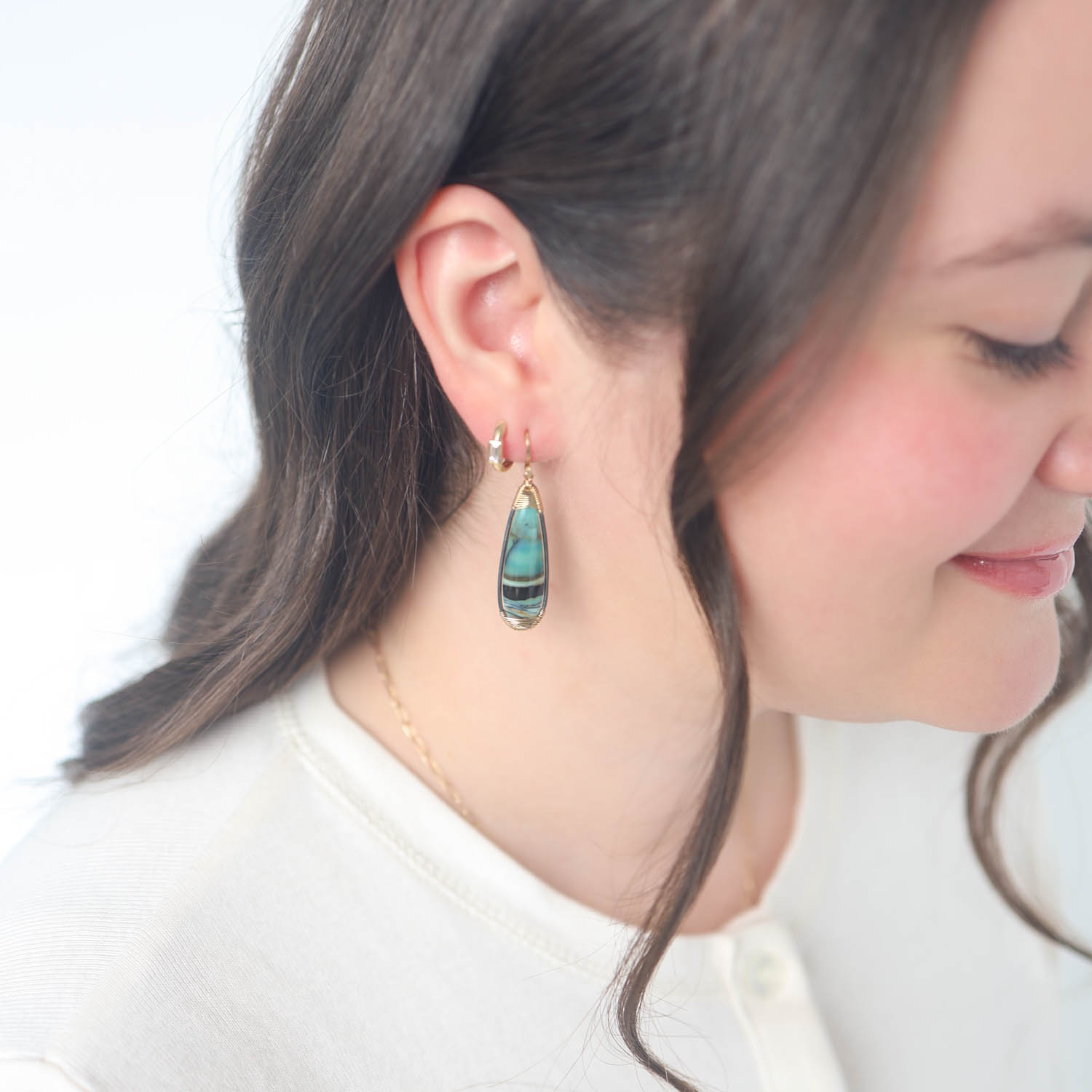 Dana Kellin Fine: Earrings, 14K, Wrapped Opalized Wood, Elongated Teardrop