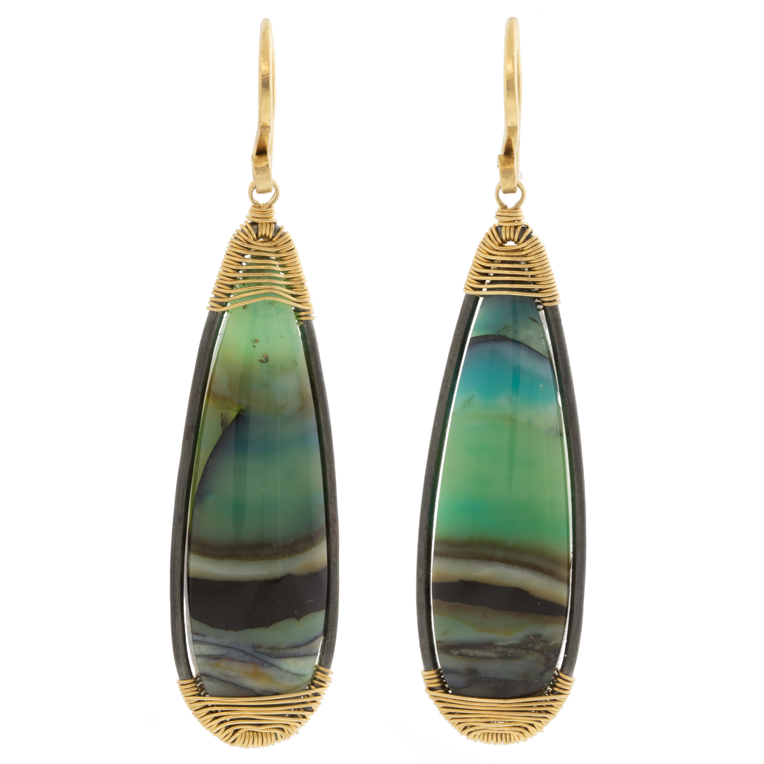 Dana Kellin Fine: Earrings, 14K, Wrapped Opalized Wood, Elongated Teardrop