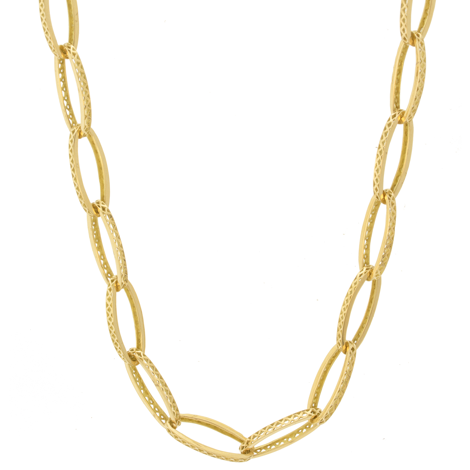 Ray Griffiths: 18k yellow gold elongated oval Crownwork link necklace with diamond set toggle (0.16cts)