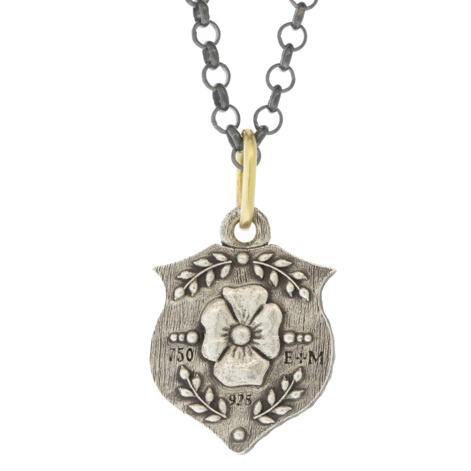 Erica Molinari Trunk Show: Charm, Small Ruche Shield, Scarab and Flower, Sterling silver, 18K gold