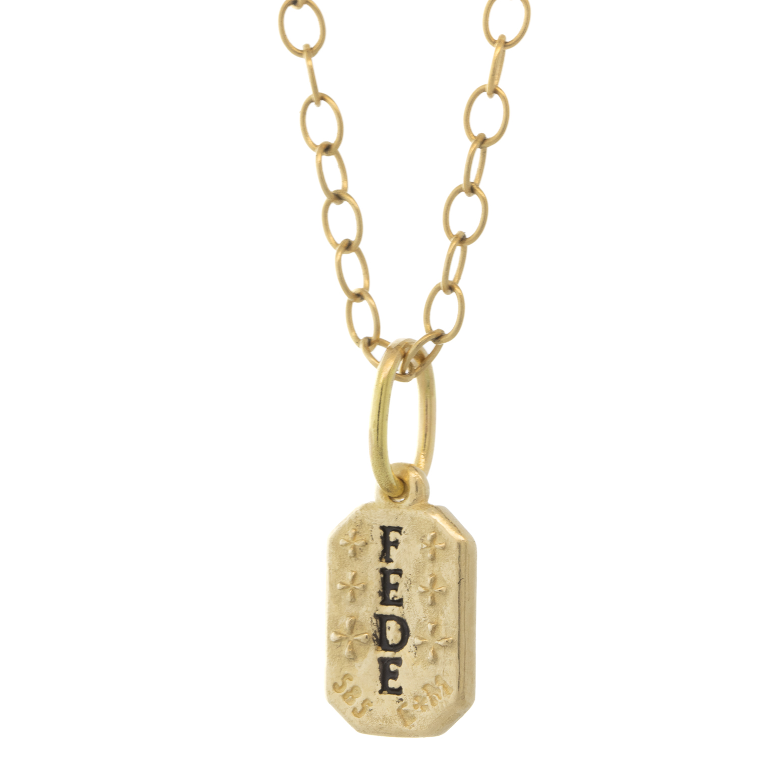 Erica Molinari Trunk Show: Charm,14k Small rectangular heart -'Faith', 13/16" x 3/8" including bail