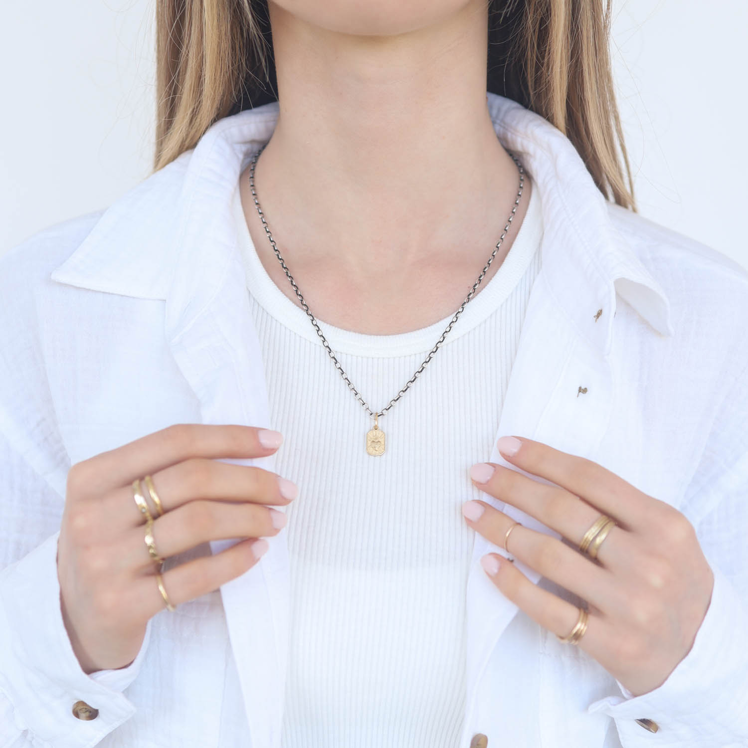 Erica Molinari Trunk Show: Charm,14k Small rectangular heart -'Faith', 13/16" x 3/8" including bail