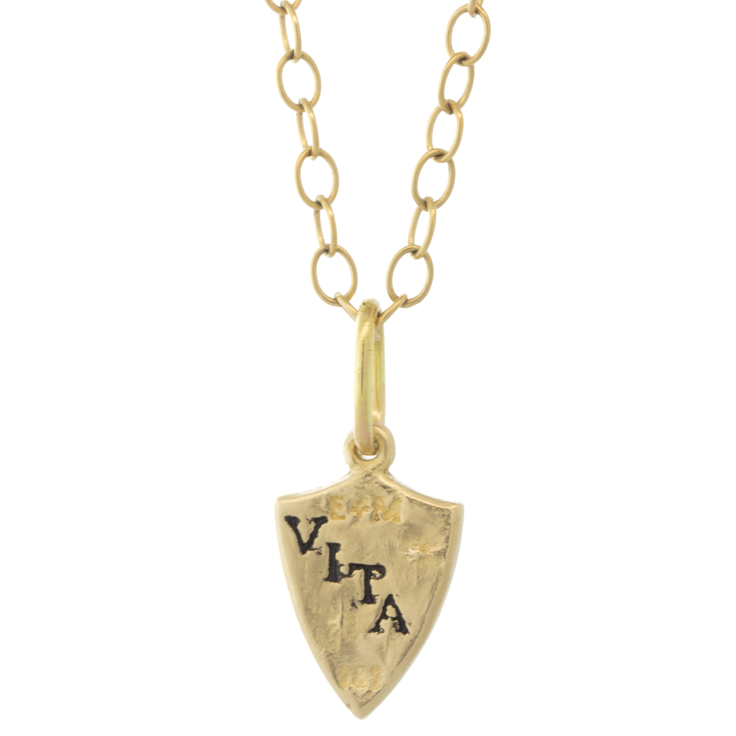 Erica Molinari Trunk Show: Charm,14k Small shield shape heart -'Life', 7/8" x 3/8" including bail
