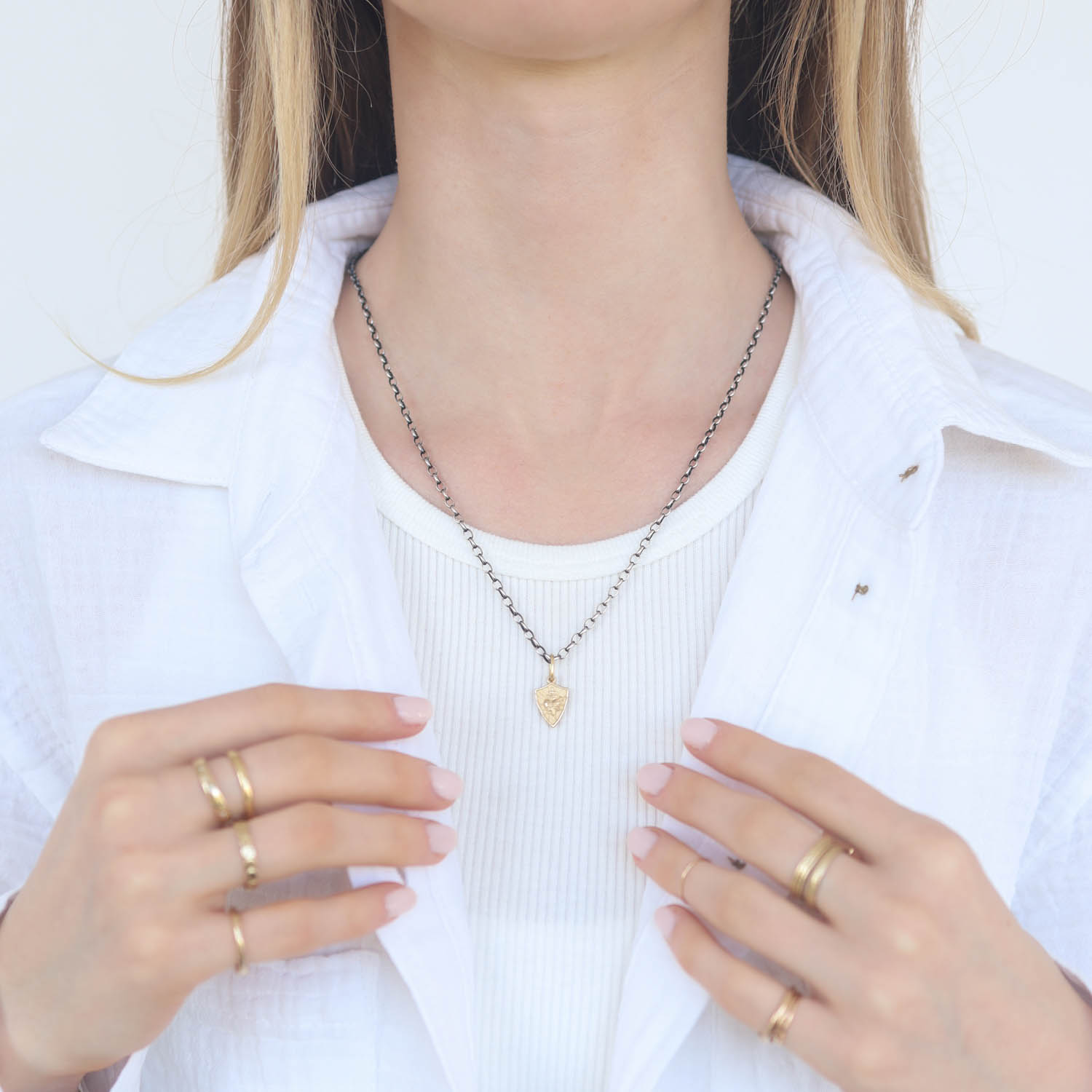 Erica Molinari Trunk Show: Charm,14k Small shield shape heart -'Life', 7/8" x 3/8" including bail