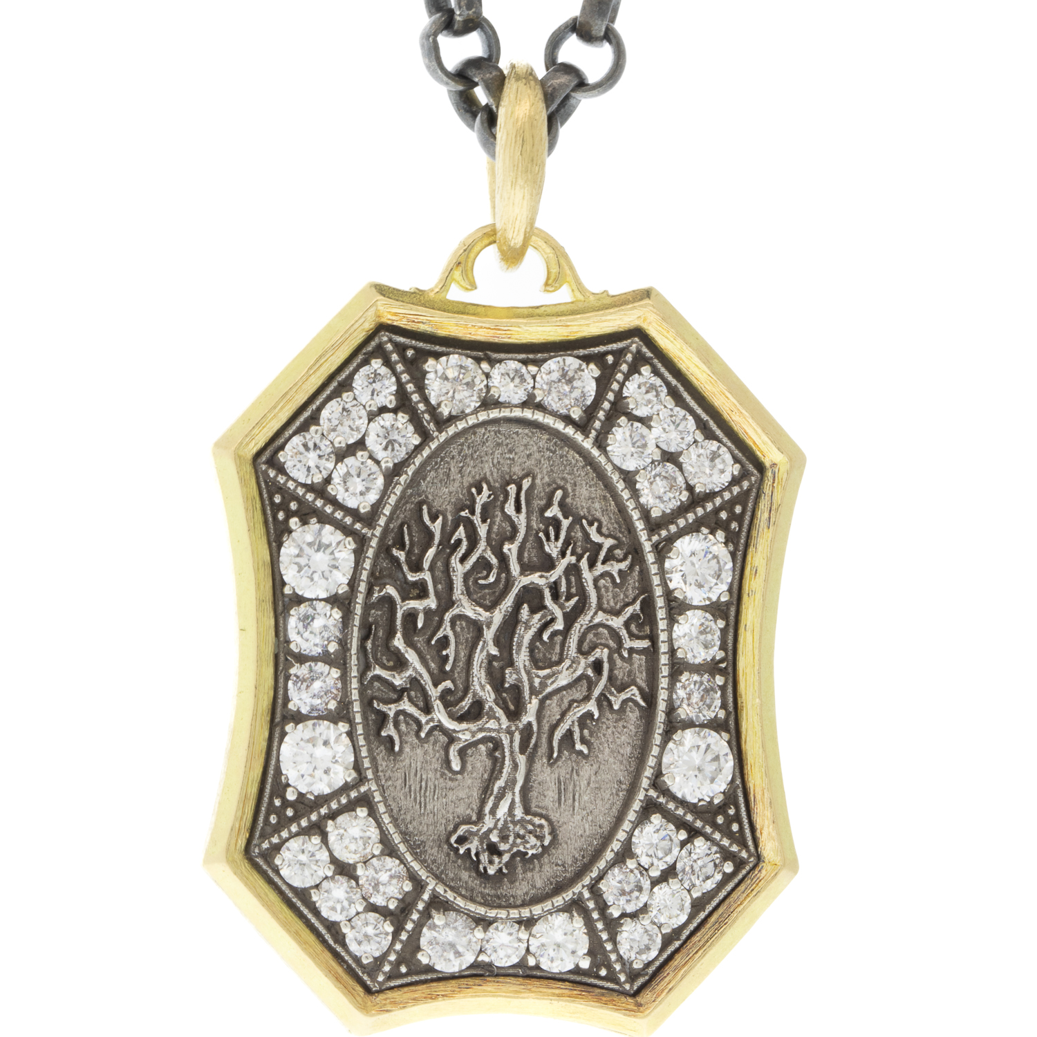 Erica Molinari Trunk Show: Charm, Large Pave White Diamonds Tree of Life Shield, "Family Where Life Begins and Love Never Ends", Sterling silver, 18K gold, Diamonds, .60 TCW, Measures 1 3/8 x 13/16 including bail