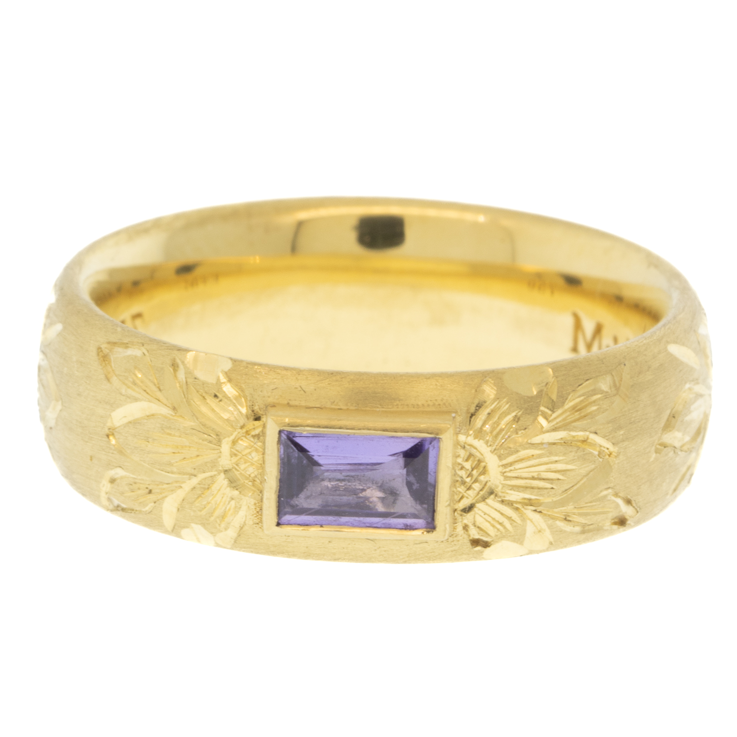 Erica Molinari Trunk Show: 18K Hand engraved Padparadascha Sapphire band - .16cts 6.75, band measures 1/4" in width, stone measures 1/8" x 3/16"