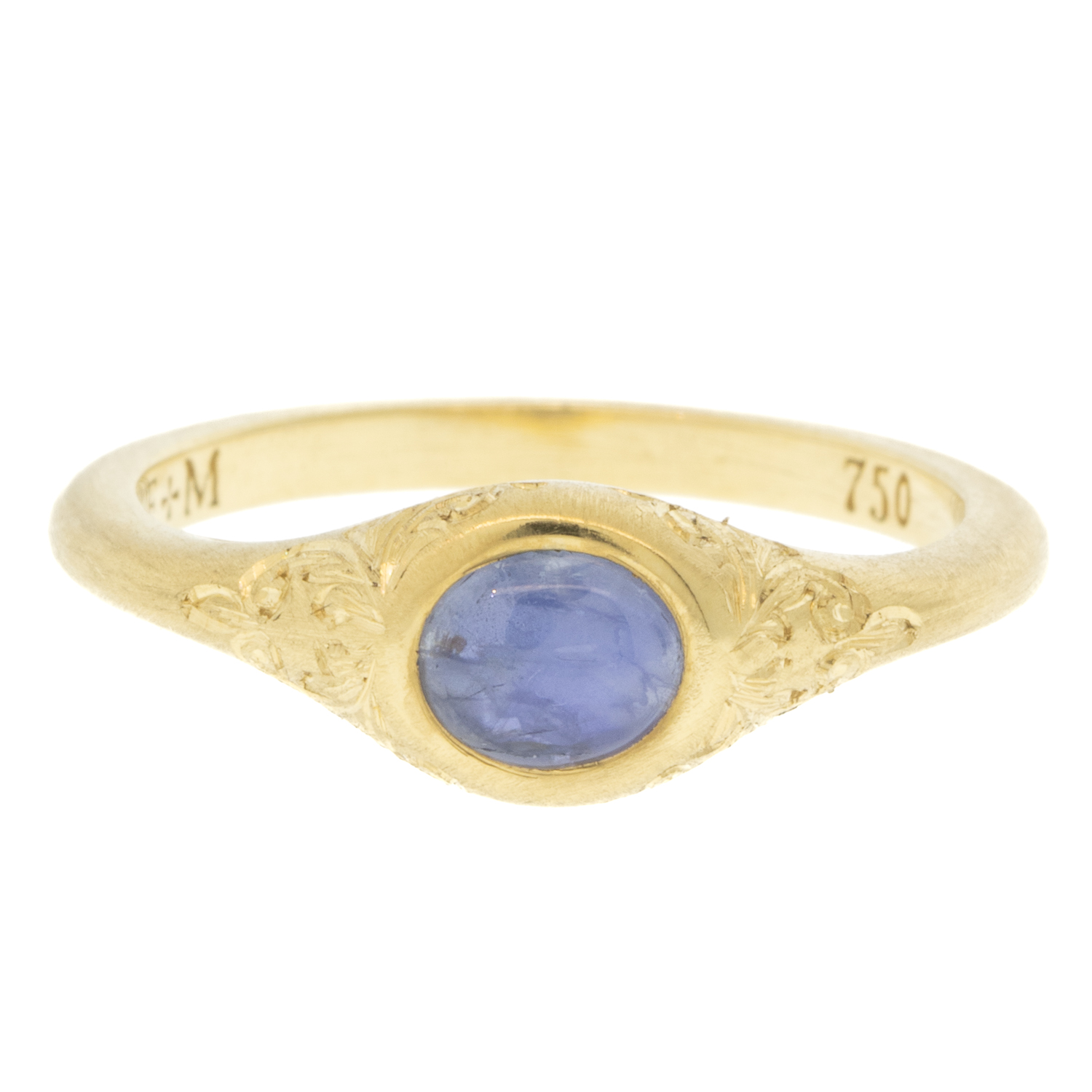 Erica Molinari Trunk Show: 18K hand engraved Blue star sapphire , 2.12cts size 6.75, stone measures 1/4" x 1/4" including bezel