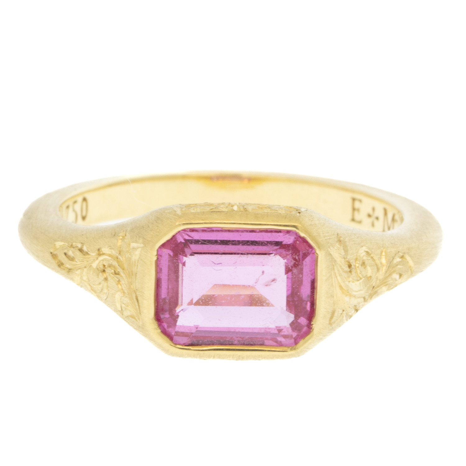 Erica Molinari Trunk Show: 18k hand engraved Pink sapphire 1.7cts size 6.75, stone measures 5/16" x 3/8" including bezel