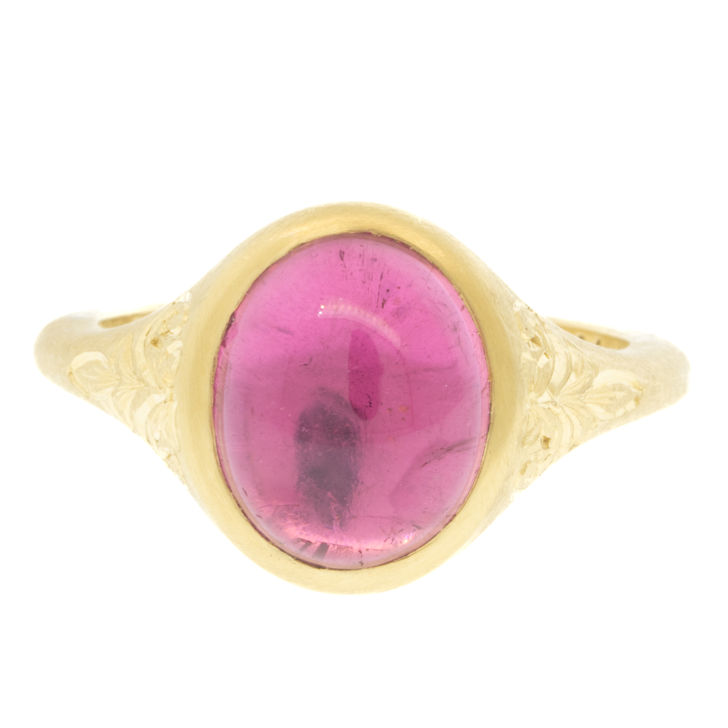 Erica Molinari Trunk Show: 18K hand engraved pink Tourmaline ring - 4 cts size 7, stone measures 1/2" x 7/16" including bezel
