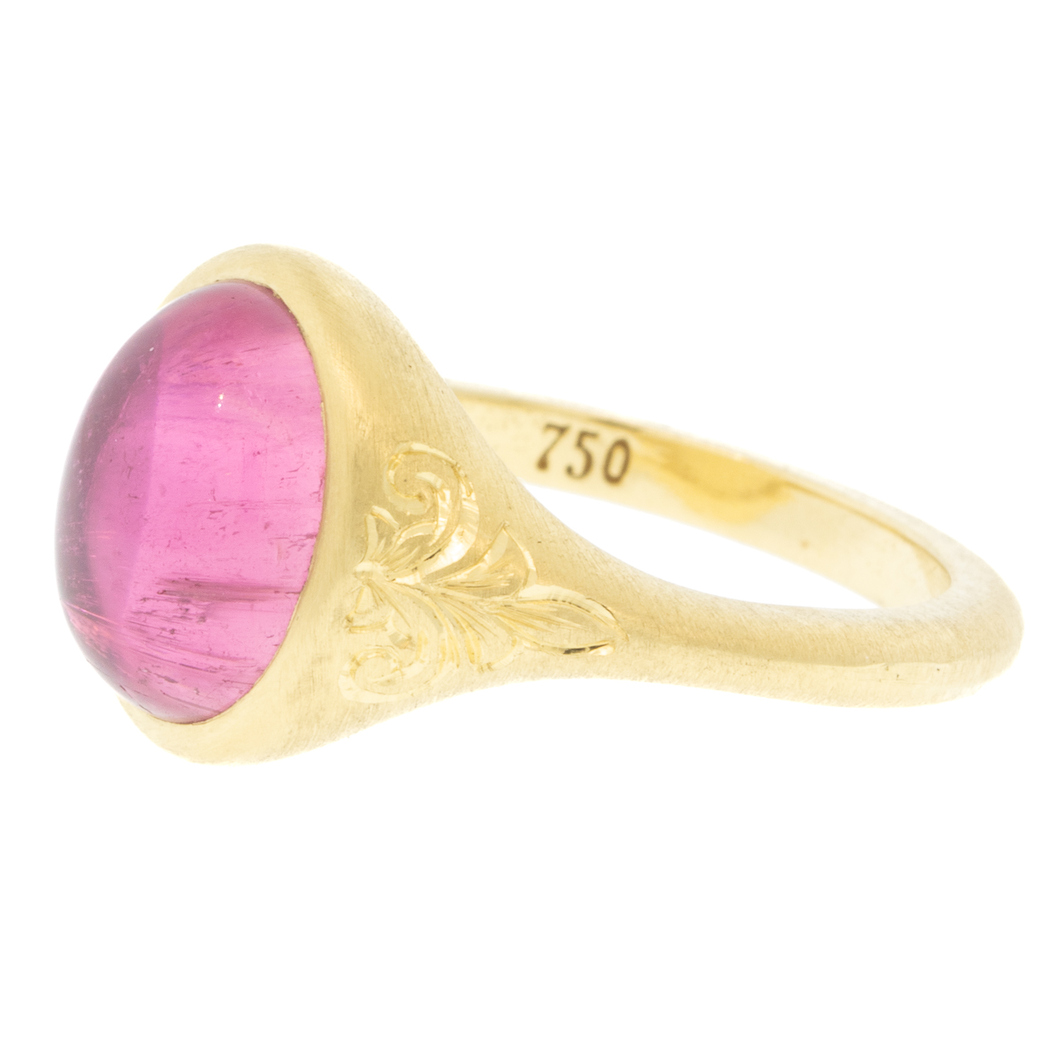Erica Molinari Trunk Show: 18K hand engraved pink Tourmaline ring - 4 cts size 7, stone measures 1/2" x 7/16" including bezel