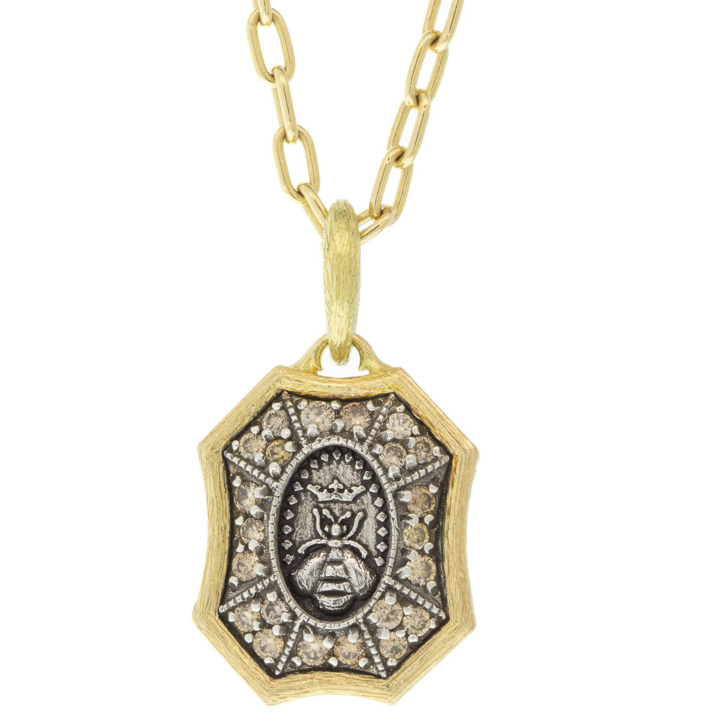 Erica Molinari Trunk Show: Charm, Small Pave Champagne Diamonds Bee Shield, "I Love My Life", Sterling silver, 18K gold, Diamonds, .40 TCW, Measures 1 x 9/16 including bail
