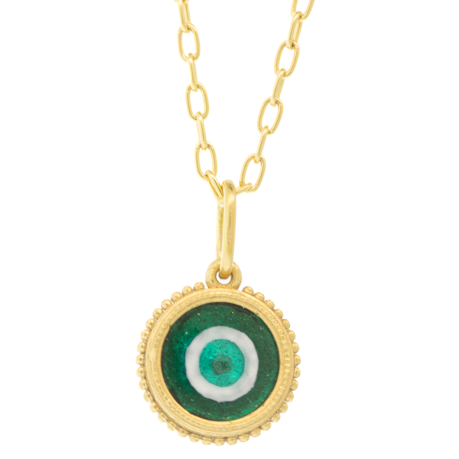Erica Molinari Trunk Show: 18k baby round Silver foil HAND PAINTED Vitreous enamel evil eye Teal, 15/16" x 1/2" including bail