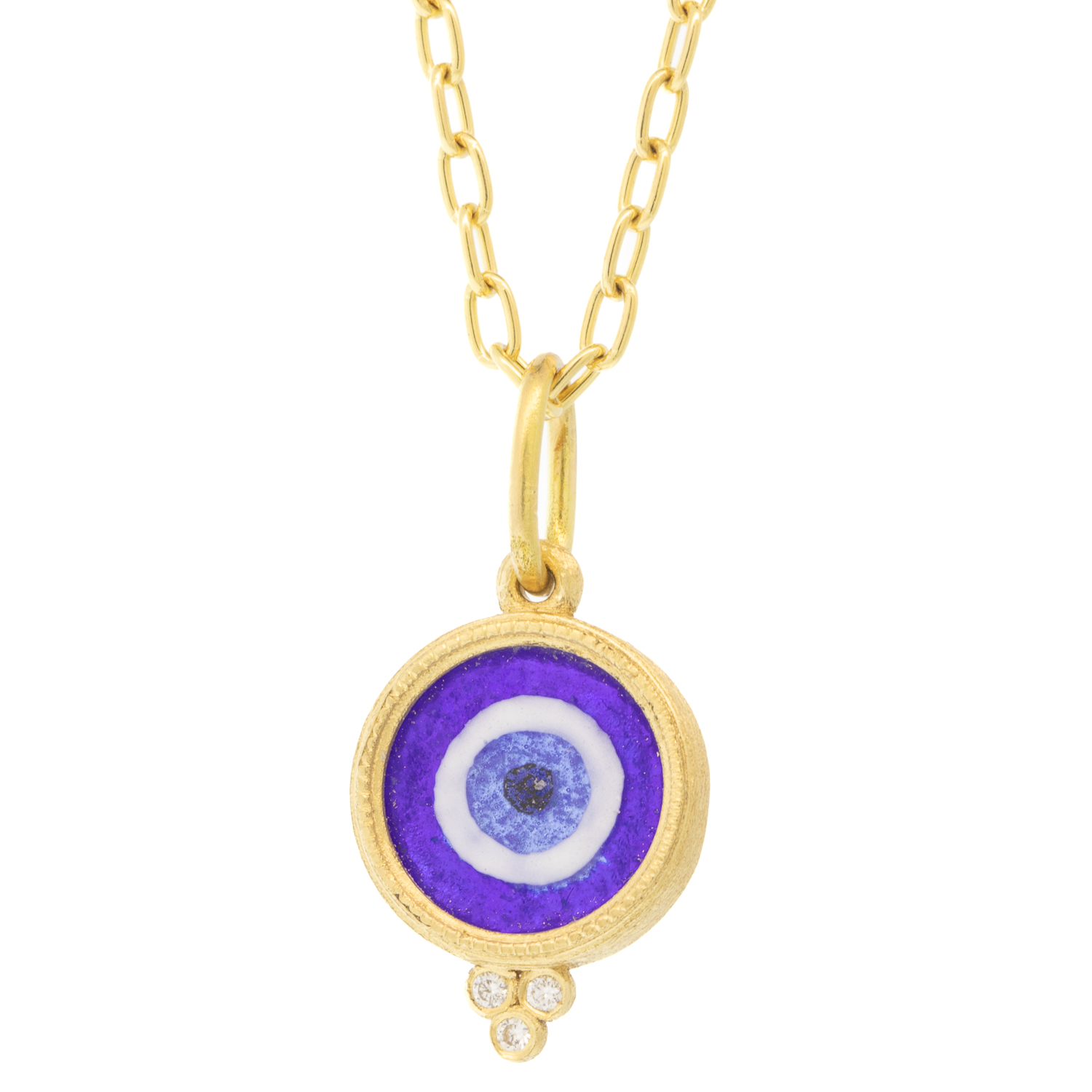 Erica Molinari Trunk Show: 18k baby round Silver foil HAND PAINTED Vitreous enamel evil eye Blue, 15/16" x 1/2" including bail