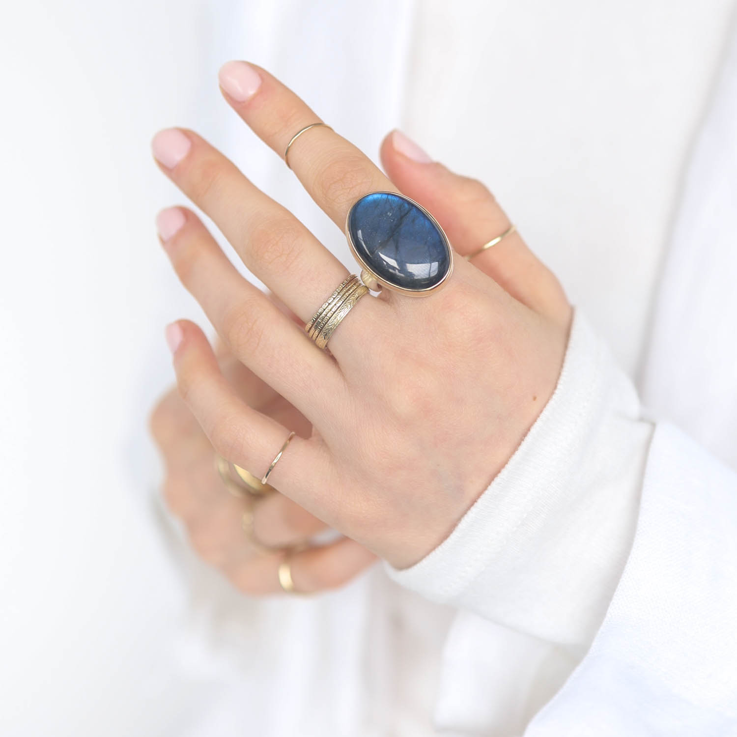 Jamie Joseph: Sterling & 14K Gold Ring w/ Vertical Oval Smooth LABRADORITE on Groovy Band, Size 7 3/4, 1 1/16" x 11/16"