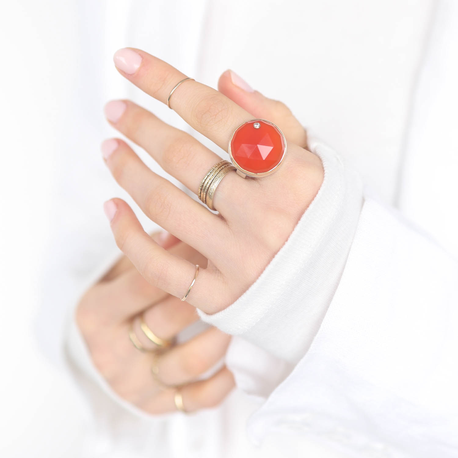 Jamie Joseph: Sterling & 14K Gold Ring w/ Round Rose Cut ORANGE CHALCEDONY & .03 Ct Diamond on Y Band, Size 7 1/4, 3/4" in Diameter