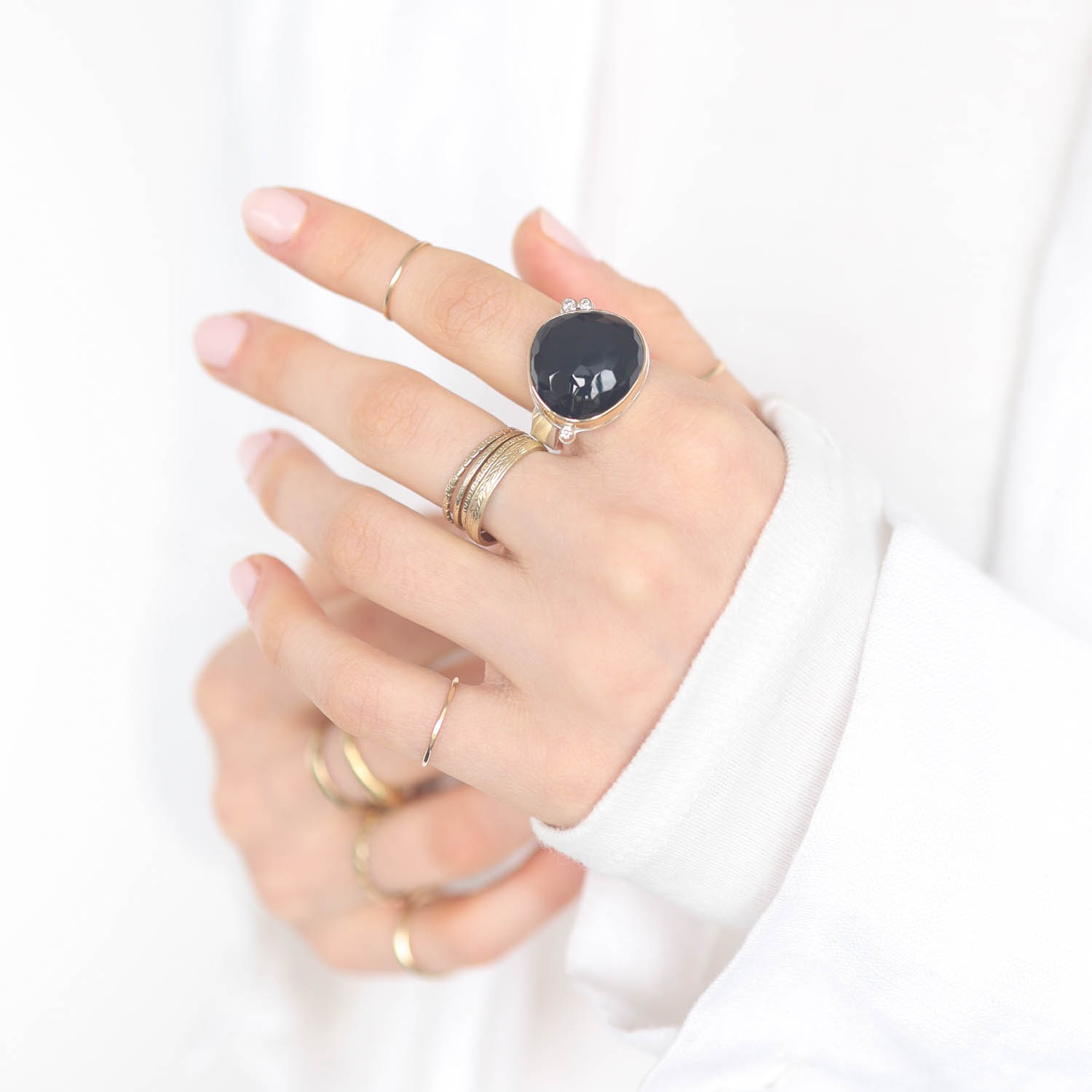 Jamie Joseph:Sterling & 14K Gold Ring w/Asymmetrical Hand Faceted BLACK ONYX & Triple Satellite Diamonds on Live Edge Band (0.08 TCW),sz 8.25,11/16 x 11/16