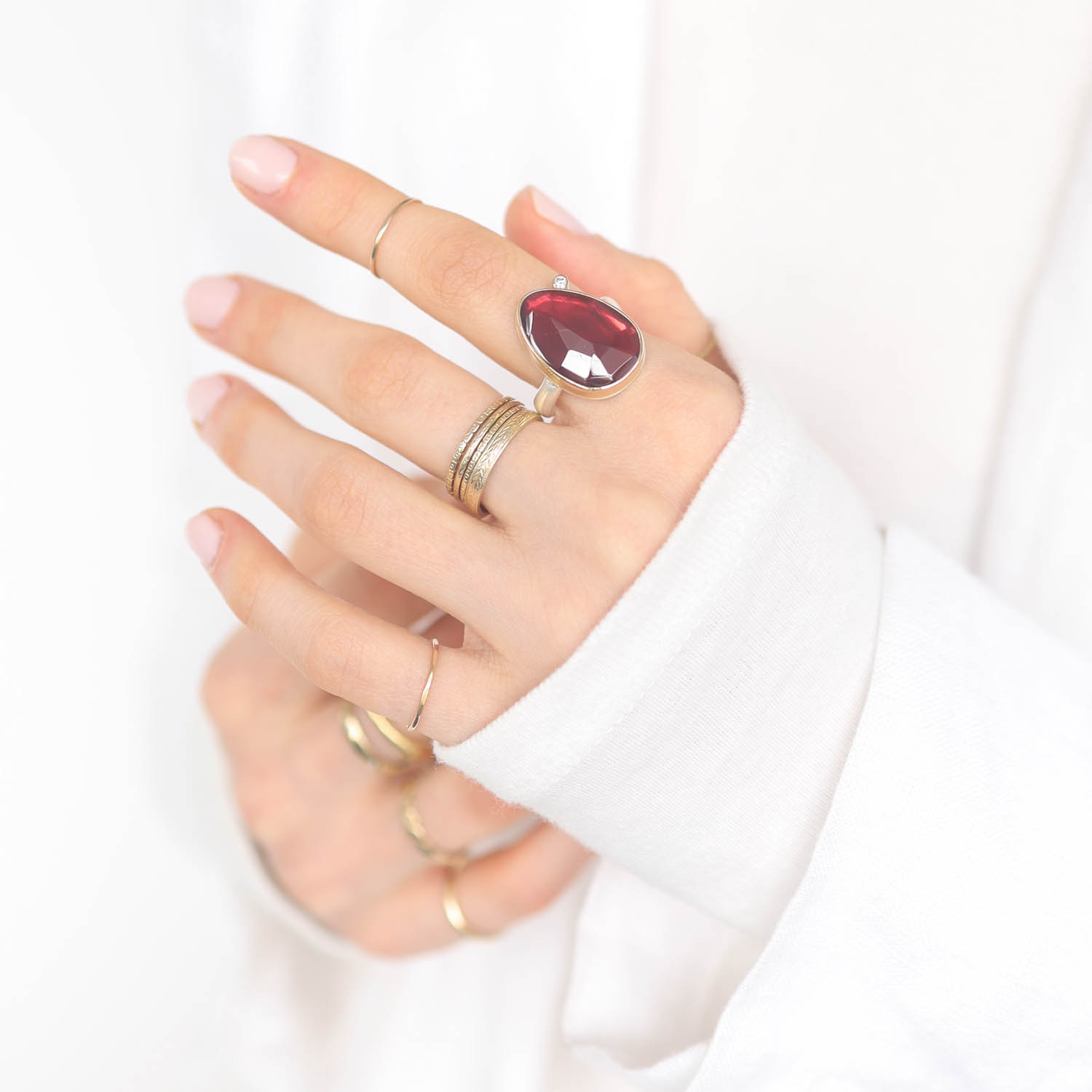 Jamie Joseph: Sterling & 14K Gold Ring w/ Vertical Asymmetrical Faceted RHODOLITE GARNET on Middle Groovy Band w/ 0.25 ct Satellite Diamond, Size 7 1/4, 3/4" x 1/2"