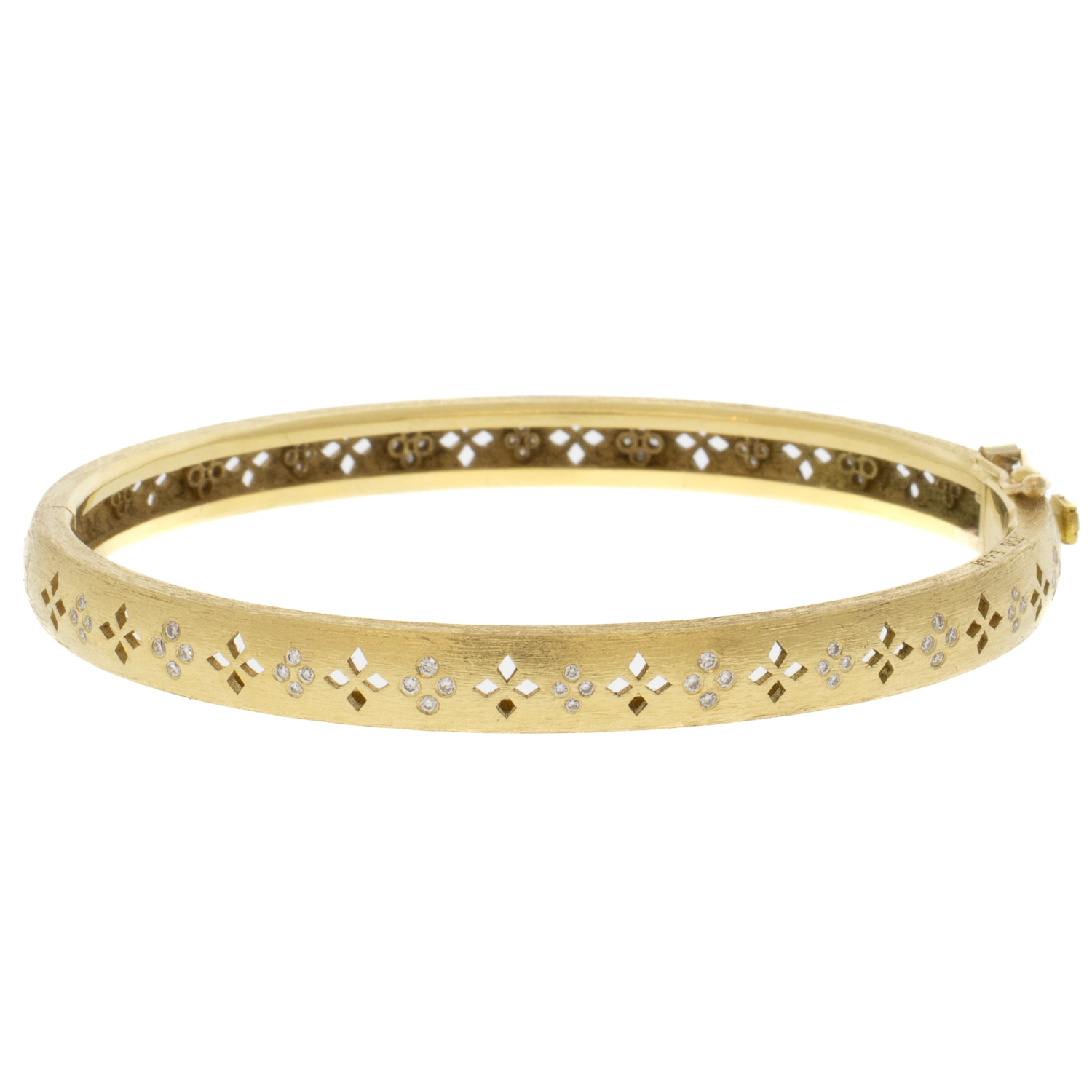 Erica Molinari Trunk Show: 18K craved Clover pattern set with diamonds on 1 side- .20cts, measures 1/4" in width