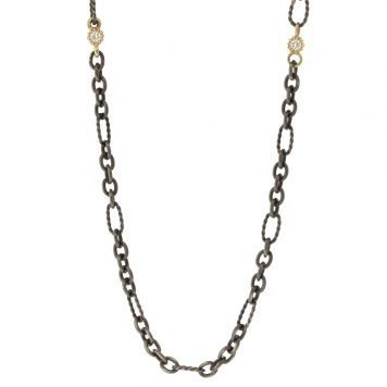 925SUNEERA: Figaro bezel chain,black rhodium finish ss,14k yg diamonds bezels,0.15cts,24"