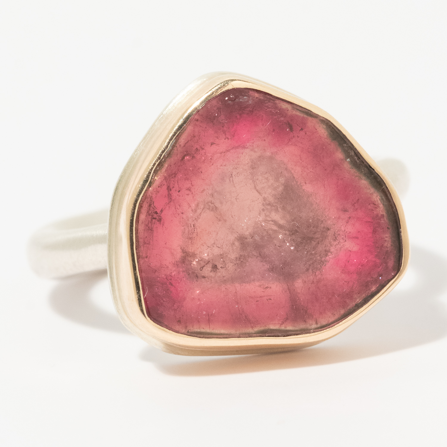 Jamie Joseph: Sterling & 14K Gold Ring w/ Small PINK TOURMALINE Slice on Egyptian Band, Size 6 3/4, 9/16" x 9/16"