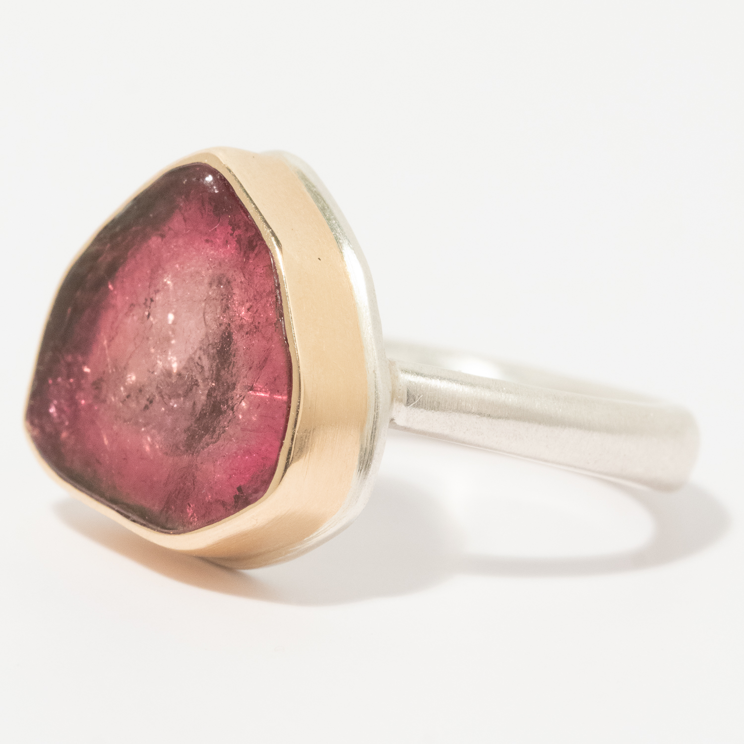 Jamie Joseph: Sterling & 14K Gold Ring w/ Small PINK TOURMALINE Slice on Egyptian Band, Size 6 3/4, 9/16" x 9/16"