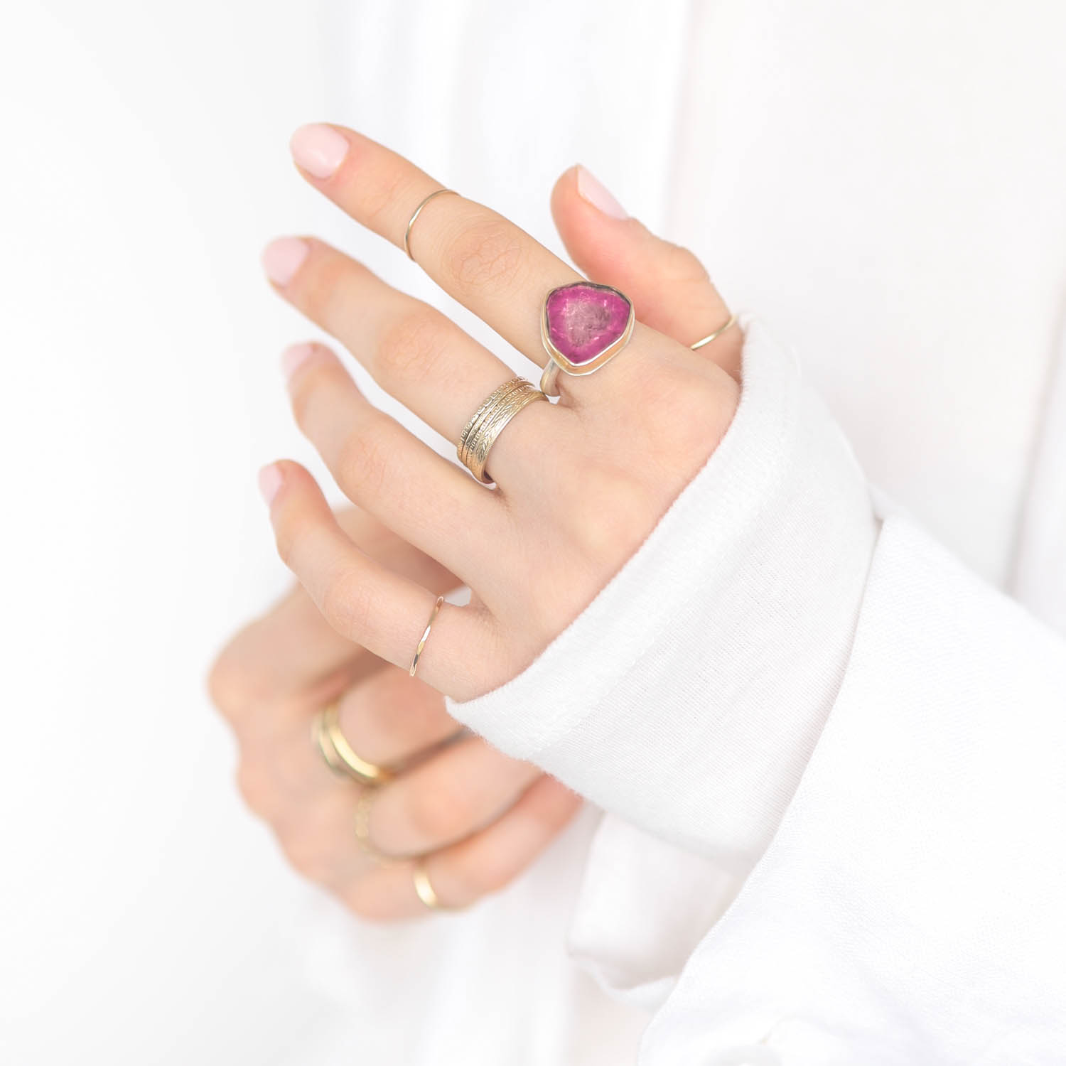 Jamie Joseph: Sterling & 14K Gold Ring w/ Small PINK TOURMALINE Slice on Egyptian Band, Size 6 3/4, 9/16" x 9/16"