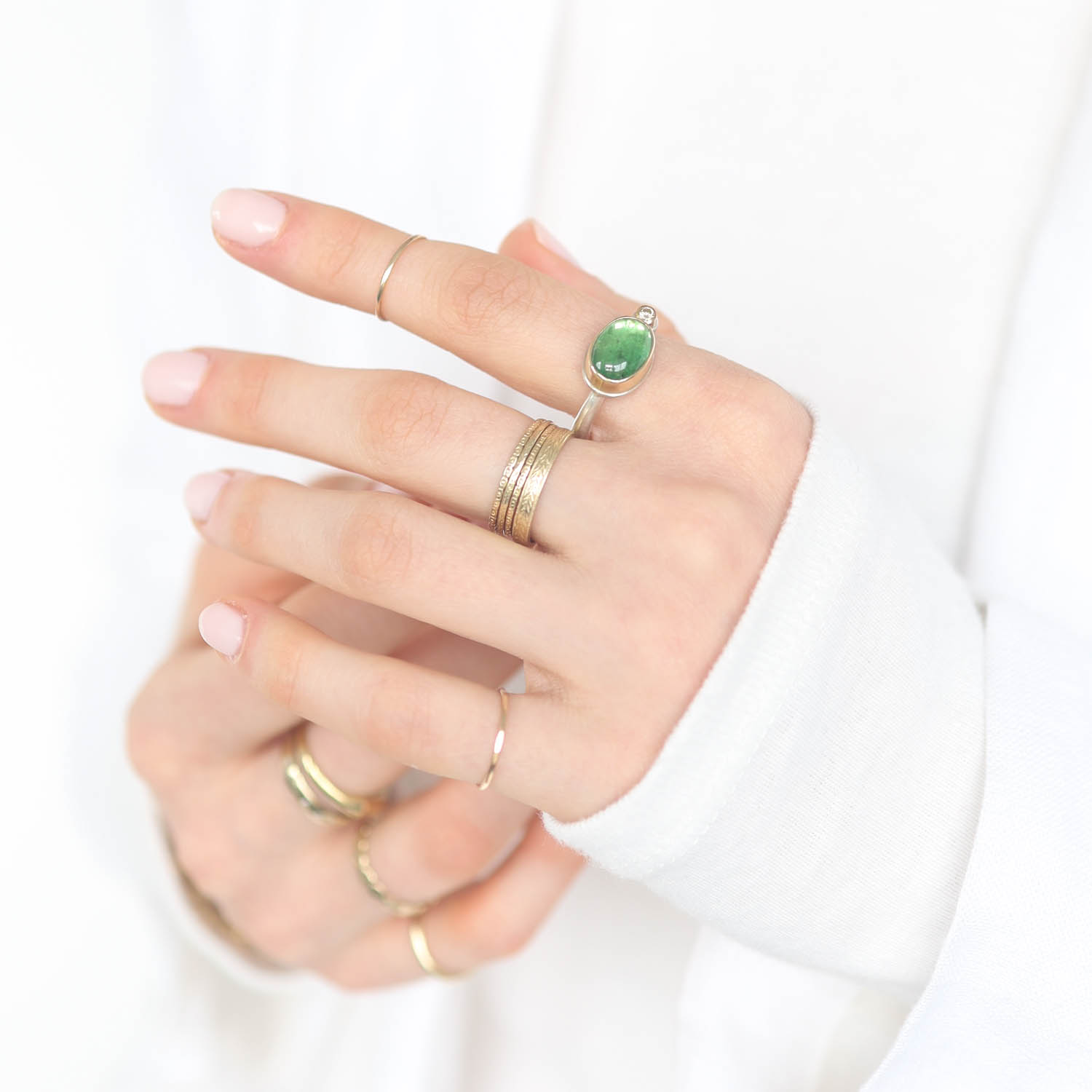 Jamie Joseph: Sterling & 14K Gold Ring w/ Small Oval Smooth TSAVORITE GARNET & .08 ct Satellite Diamond on Egyptian Band, Size 7, 15/16" x 7/16"