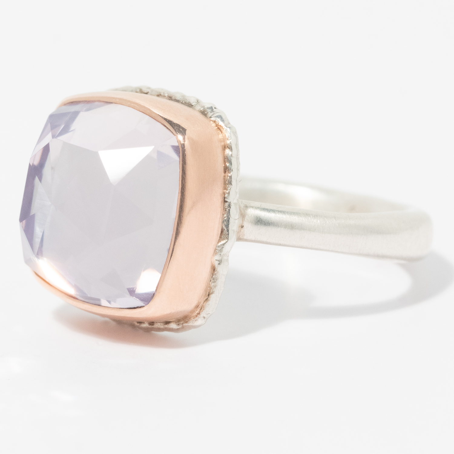 Jamie Joseph:Sterling & 14K Rose Gold Ring w/ Small Square Rose Cut LAVENDER AMETHYST on Lava Platform and Egyptian Band,sz 7.5,1/2 x 1/2