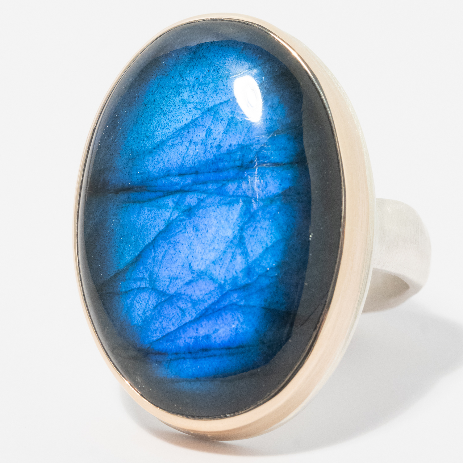 Jamie Joseph: Sterling & 14K Gold Ring w/ Vertical Oval Smooth LABRADORITE on Groovy Band, Size 7 3/4, 1 1/16" x 11/16"