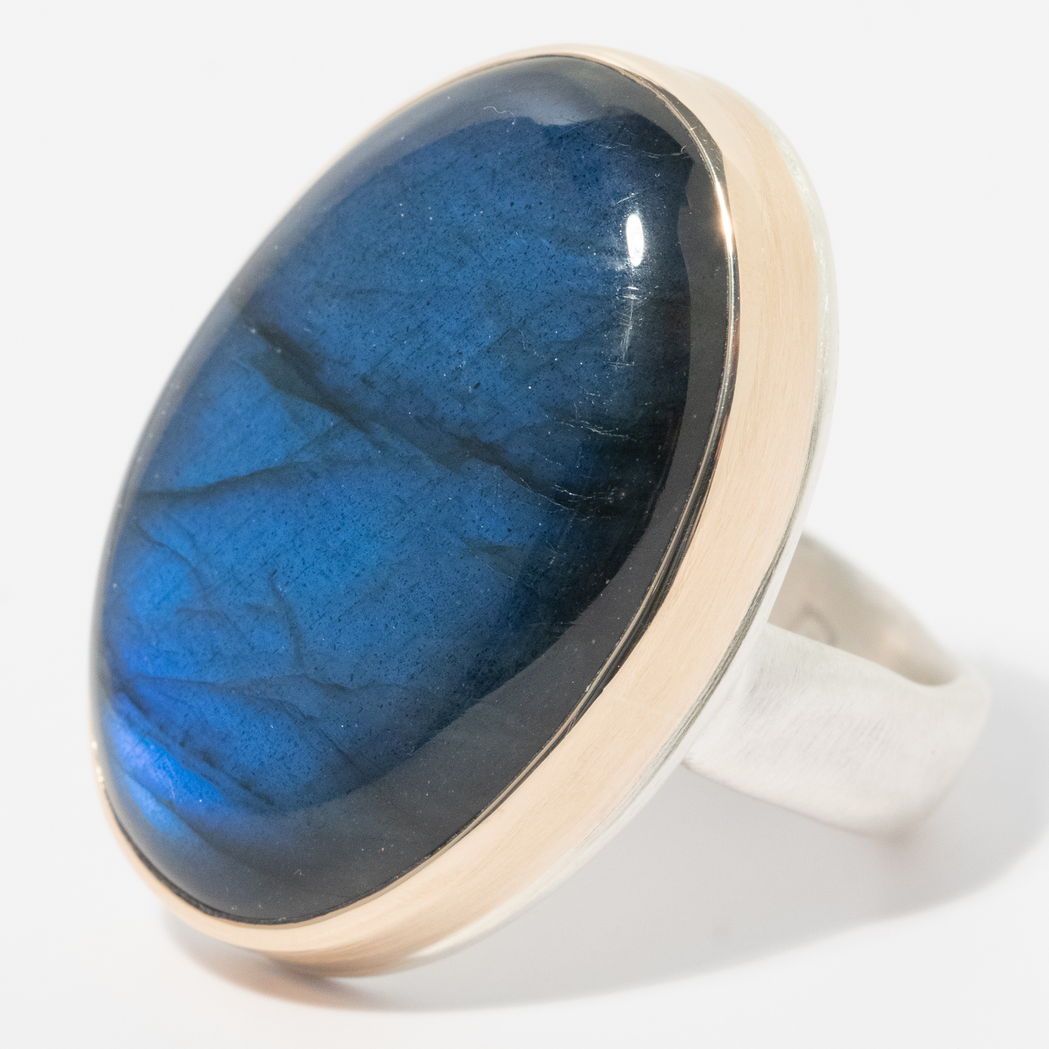 Jamie Joseph: Sterling & 14K Gold Ring w/ Vertical Oval Smooth LABRADORITE on Groovy Band, Size 7 3/4, 1 1/16" x 11/16"