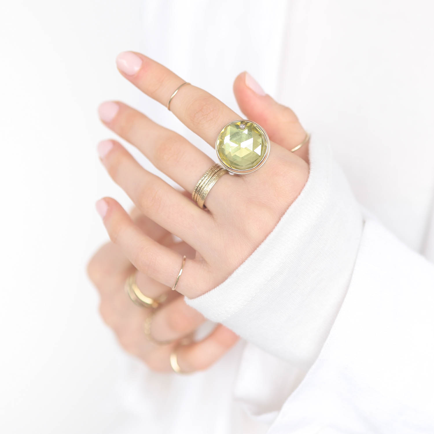 Jamie Joseph: Sterling & 14K Gold Ring w/ Round Rose Cut LEMON QUARTZ & .03 ct Diamond on Groovy Band, Size 7 1/2, 3/4" Diameter