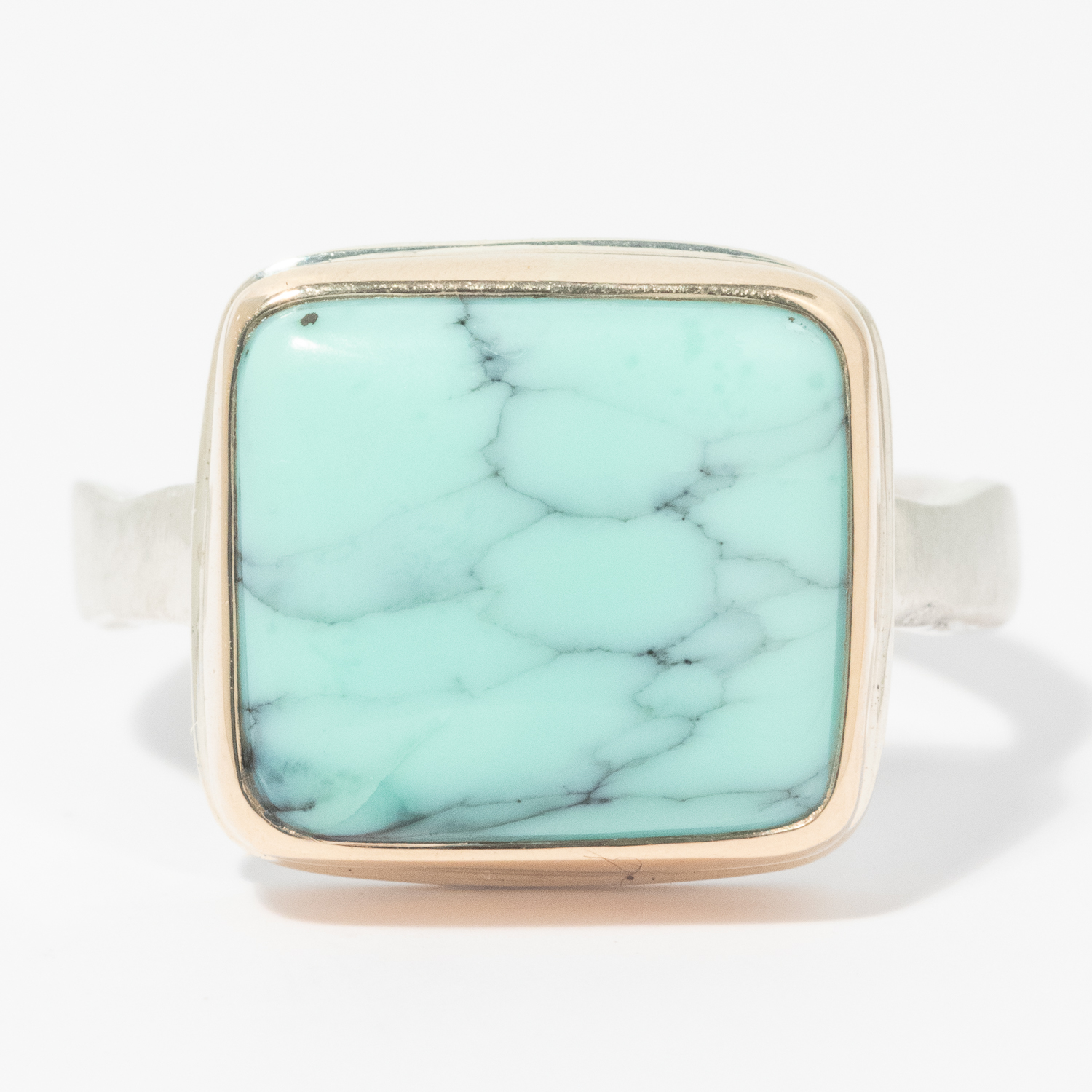 Jamie Joseph: Sterling & 14K Gold Ring w/ Small Rectangular EMERALD ROSE VARISCITE on Eroded Live Edge Band, Size 7, 7/16" x 1/2"