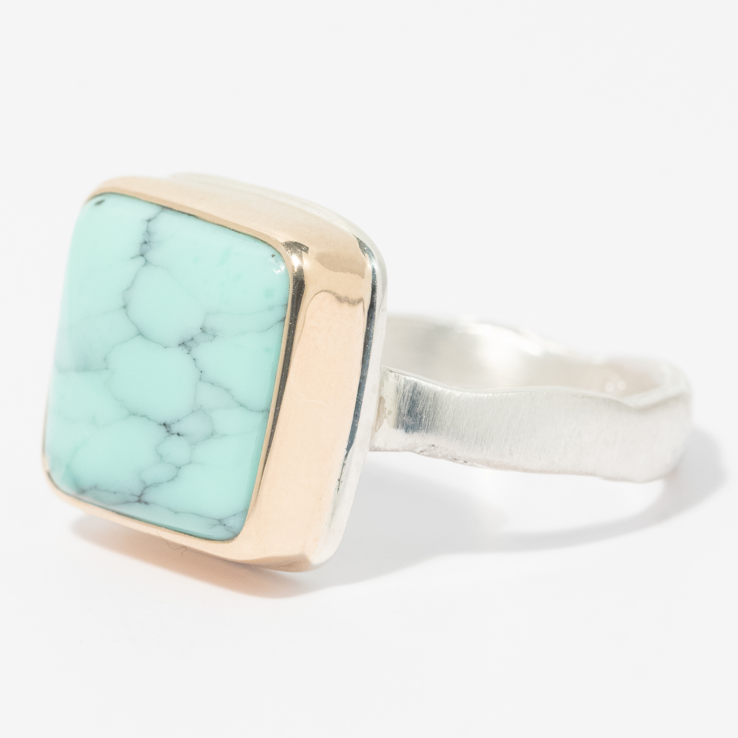 Jamie Joseph: Sterling & 14K Gold Ring w/ Small Rectangular EMERALD ROSE VARISCITE on Eroded Live Edge Band, Size 7, 7/16" x 1/2"