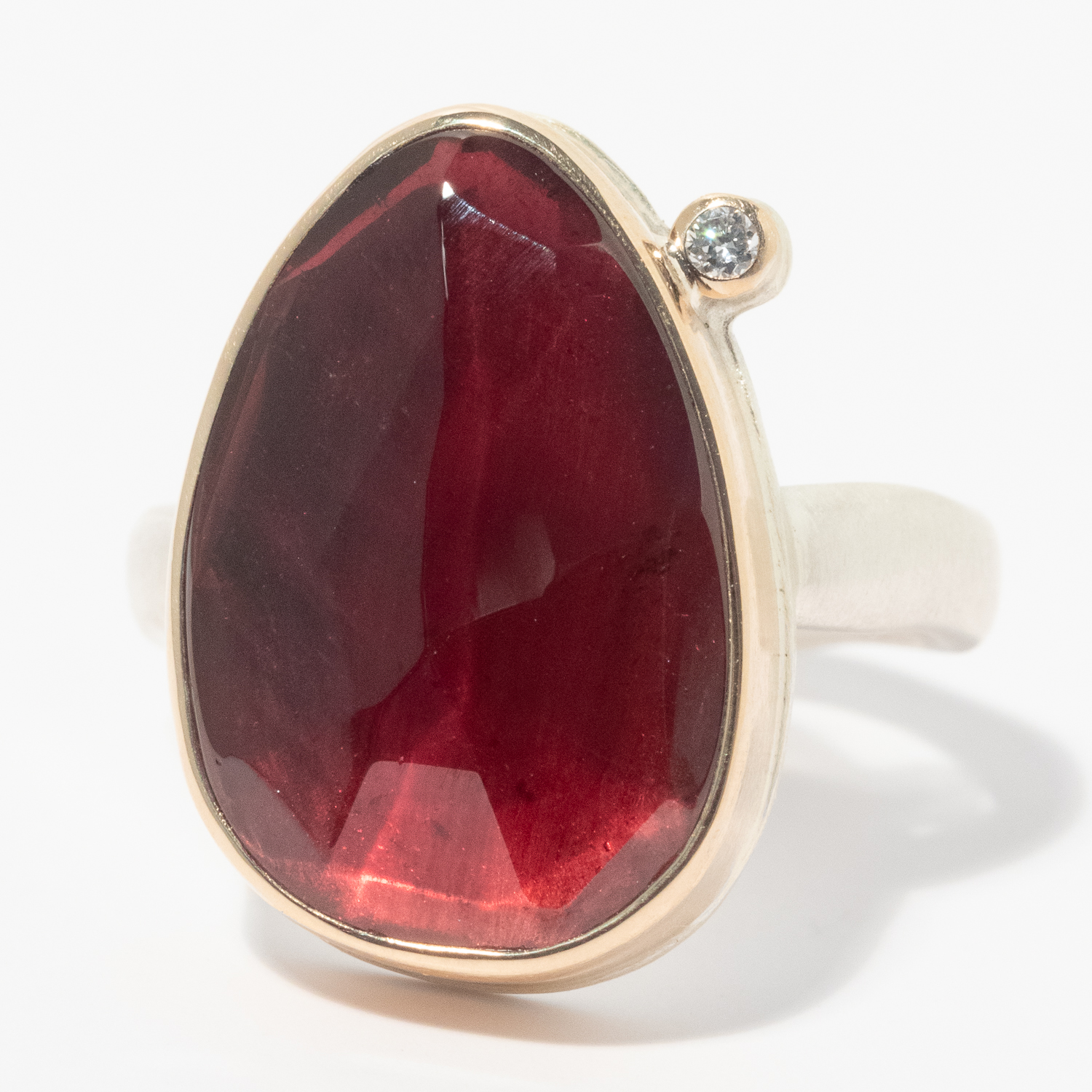 Jamie Joseph: Sterling & 14K Gold Ring w/ Vertical Asymmetrical Faceted RHODOLITE GARNET on Middle Groovy Band w/ 0.25 ct Satellite Diamond, Size 7 1/4, 3/4" x 1/2"