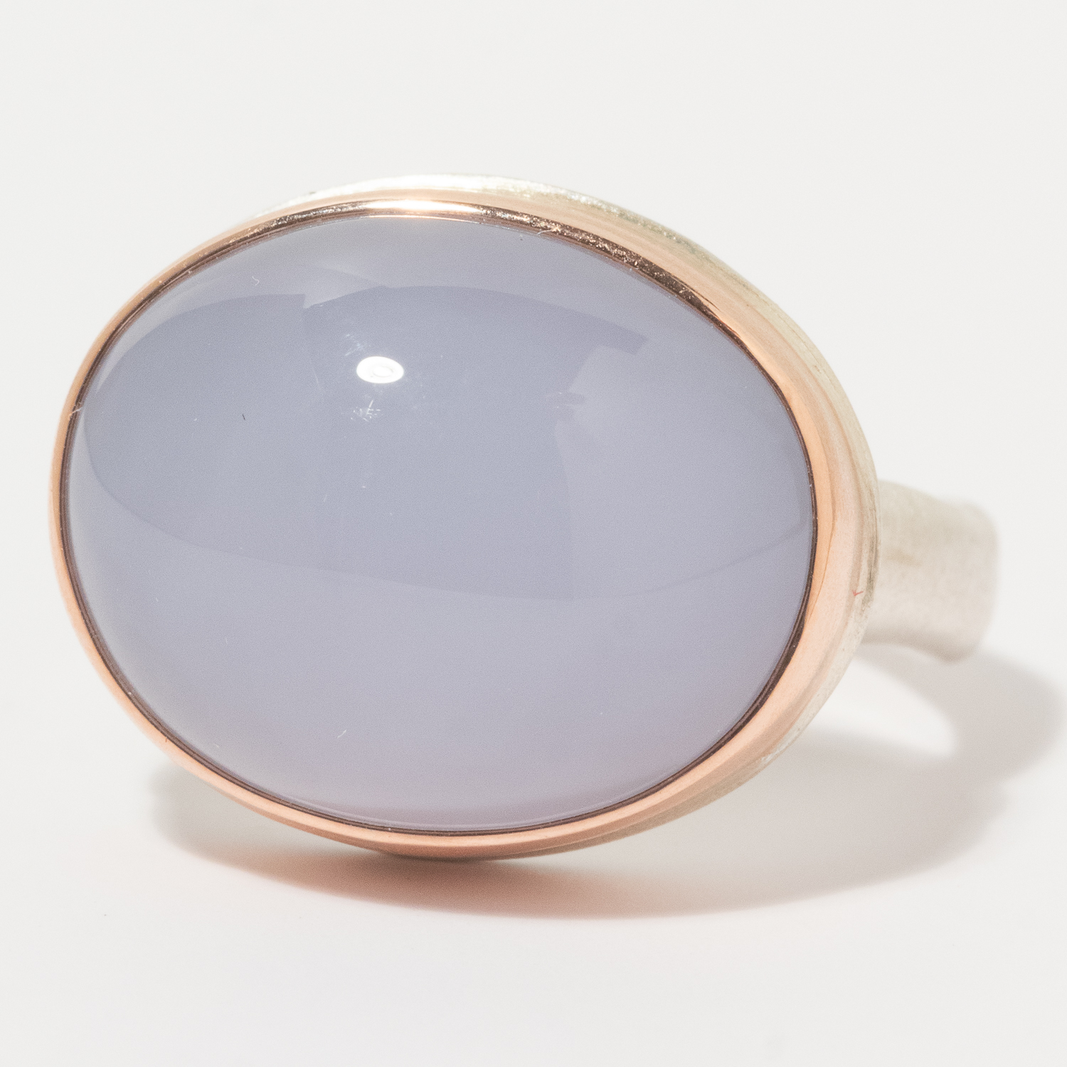 Jamie Joseph:Sterling & 14K Rose Gold Ring w/ Oval Smooth NATURAL BLUE CHALCEDONY on Middle Groovy Band,sz 7,9/16 x 11/16