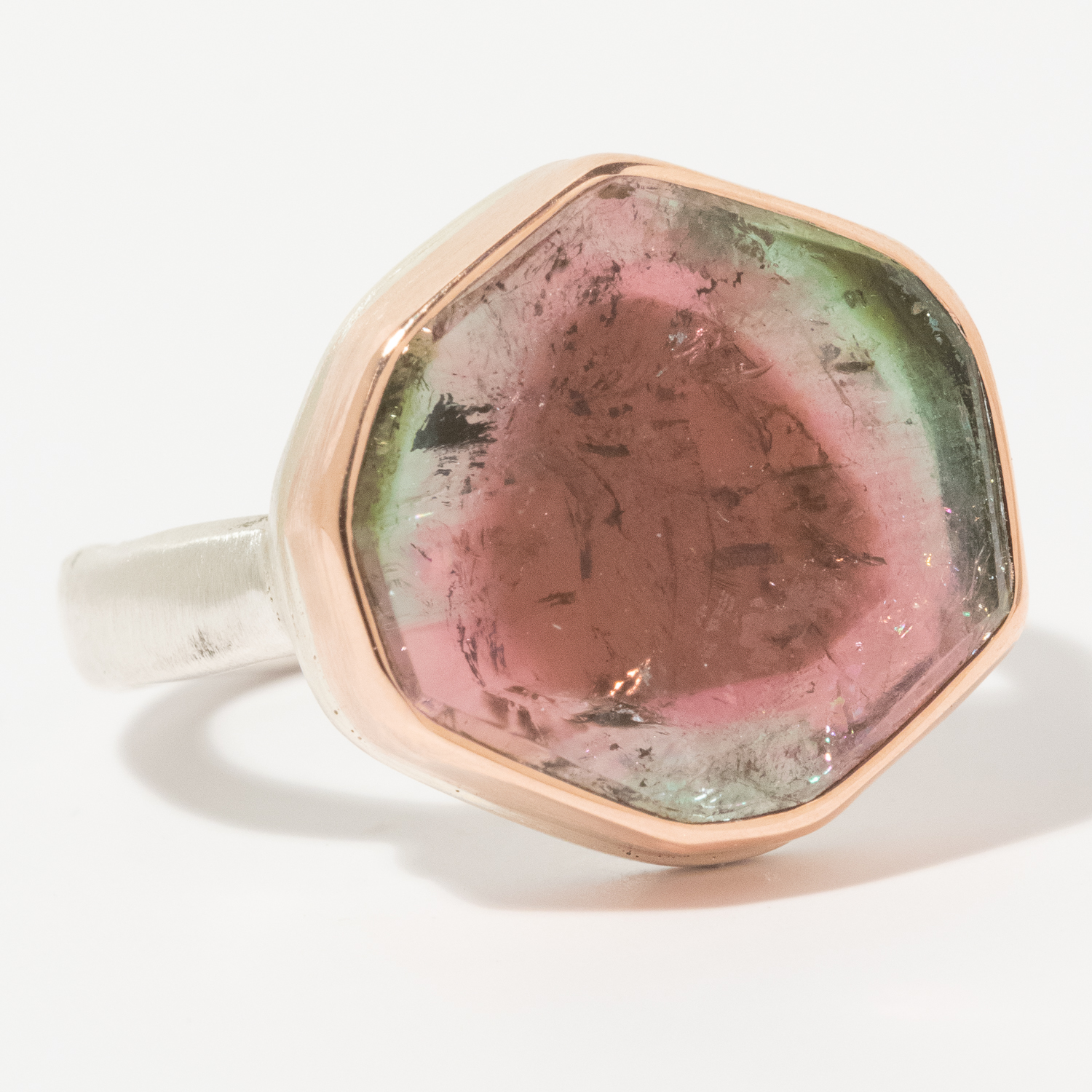 Jamie Joseph: Sterling & 14K Rose Gold Ring w/ WATERMELON TOURMALINE Slice on Middle Groovy Band, Size 7 1/2, 9/16" x 9/16"