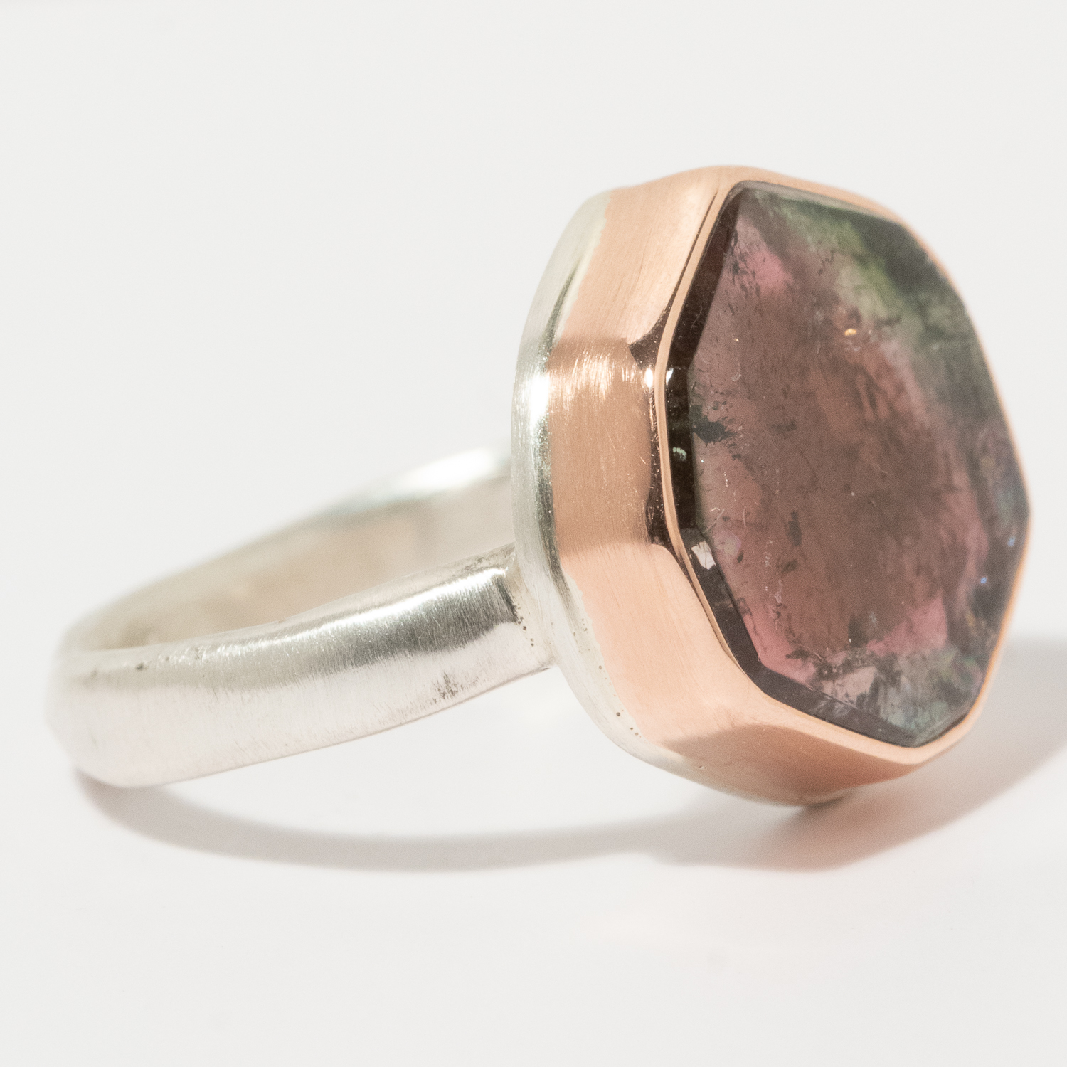 Jamie Joseph: Sterling & 14K Rose Gold Ring w/ WATERMELON TOURMALINE Slice on Middle Groovy Band, Size 7 1/2, 9/16" x 9/16"