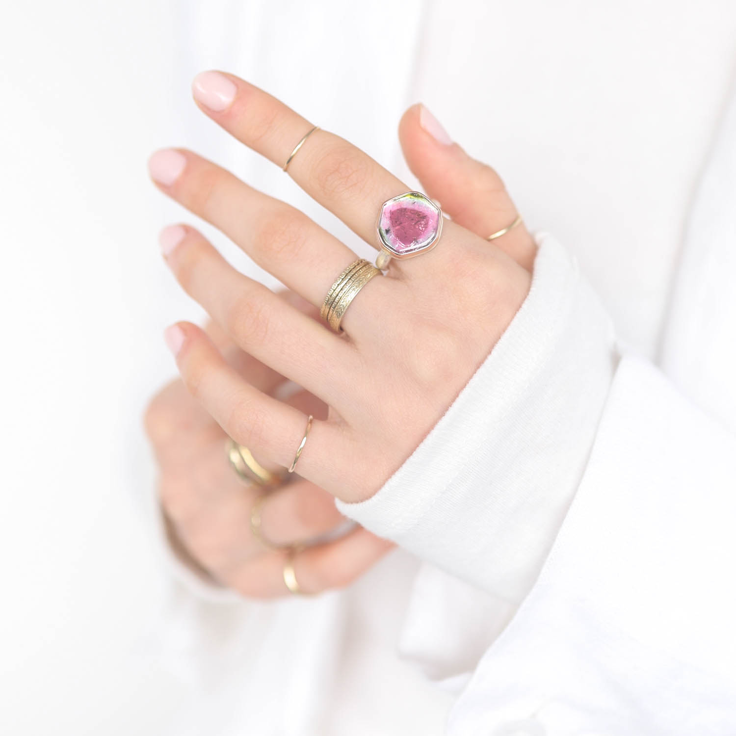 Jamie Joseph: Sterling & 14K Rose Gold Ring w/ WATERMELON TOURMALINE Slice on Middle Groovy Band, Size 7 1/2, 9/16" x 9/16"