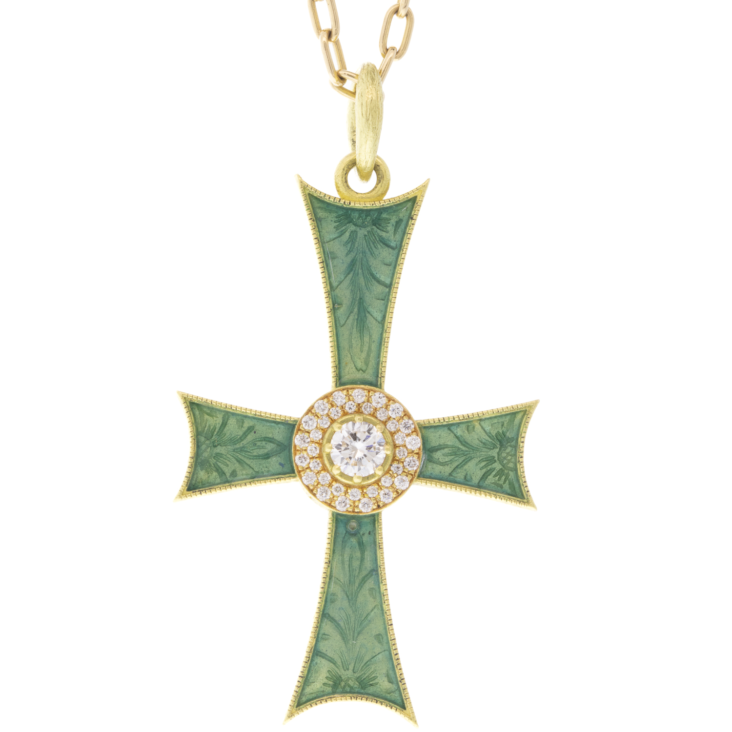 Erica Molinari Trunk Show: Charm, Cross Hand Engraved Mint Green Vitreous Enamel, "Love", 18K gold, Diamonds, .40TCW, Measures 1 7/8 x 1 including bail