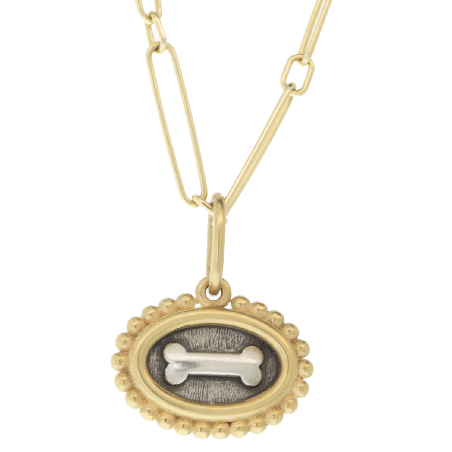 Erica Molinari Trunk Show: Charm, Small Oval Dogbone, "Love", Sterling silver, 18K gold, Measures 3/4 x 5/8 including bail