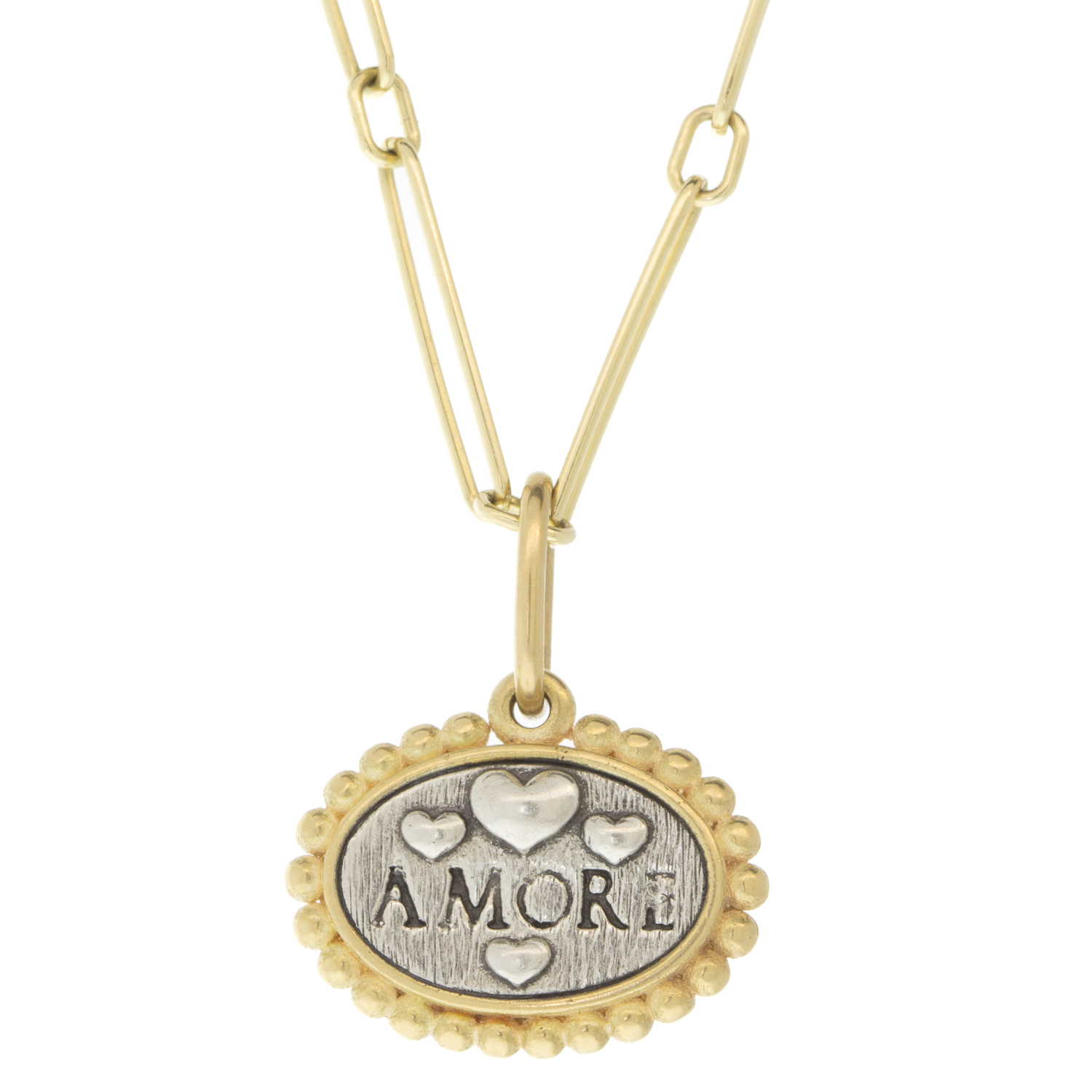 Erica Molinari Trunk Show: Charm, Small Oval Dogbone, "Love", Sterling silver, 18K gold, Measures 3/4 x 5/8 including bail