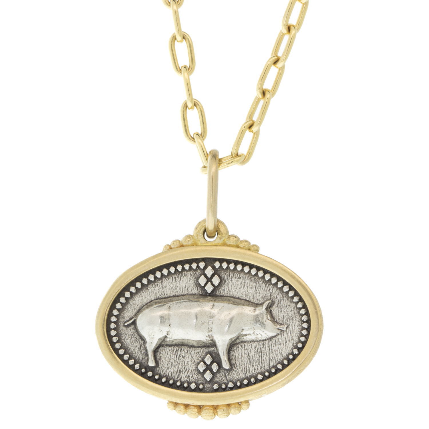 Erica Molinari Trunk Show: Charm, Small Oval Stanley the Pig, Sterling silver, 18K gold, Measures 1 x 13/16 including bail