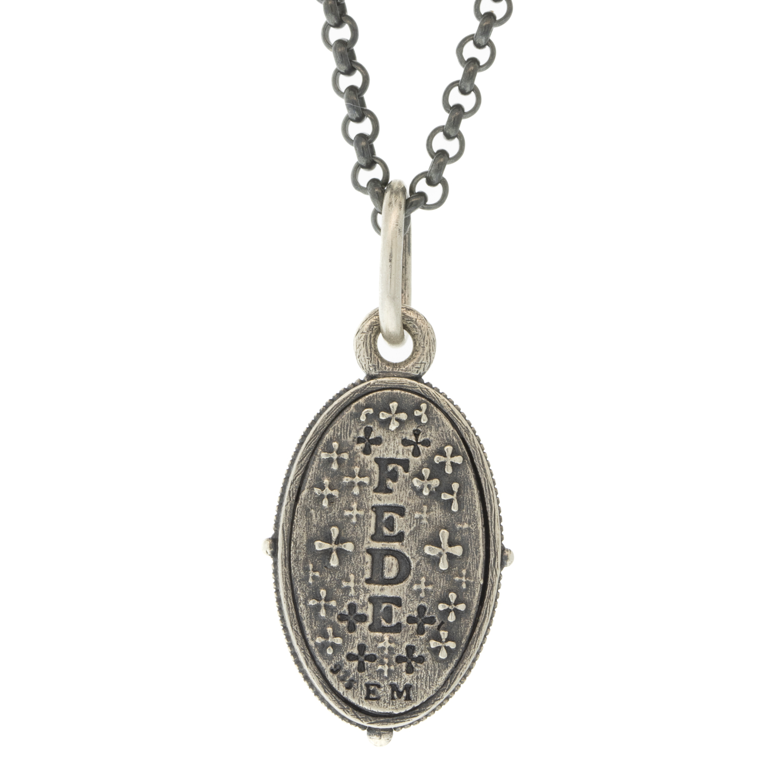Erica Molinari Trunk Show: Charm, Small Oval Mary Magdalene, "Faith", Sterling silver, Measures 1 1/8 x 1/2 including bail