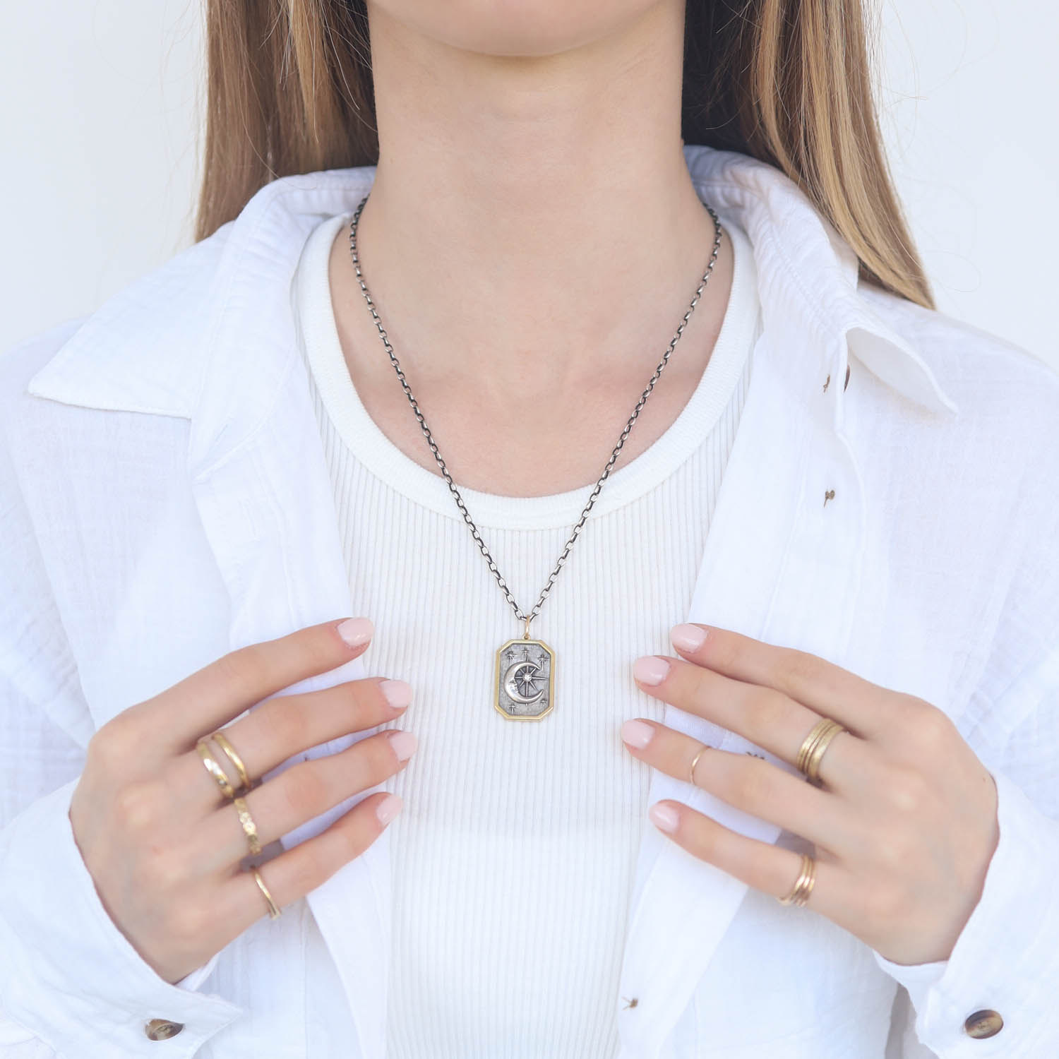 Erica Molinari Trunk Show:ss & 14k Large Rectangle Diamond Man in the moon "To the moon and back ",diamonds, 1 3/8" x 3/4" including bail