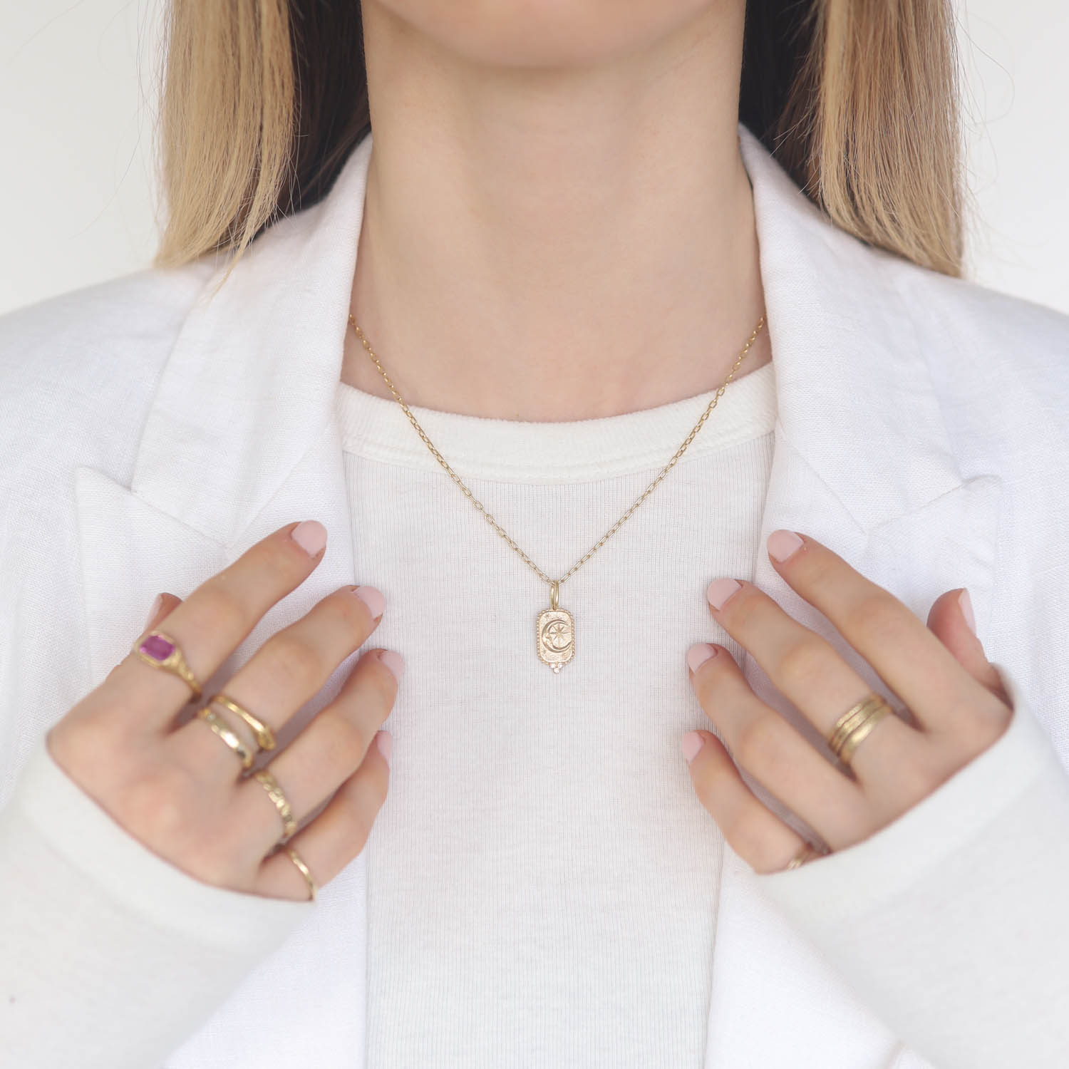Erica Molinari Trunk Show: 14K Small rectangle Man in the moon & North star-The soul is eternal 0.03cts